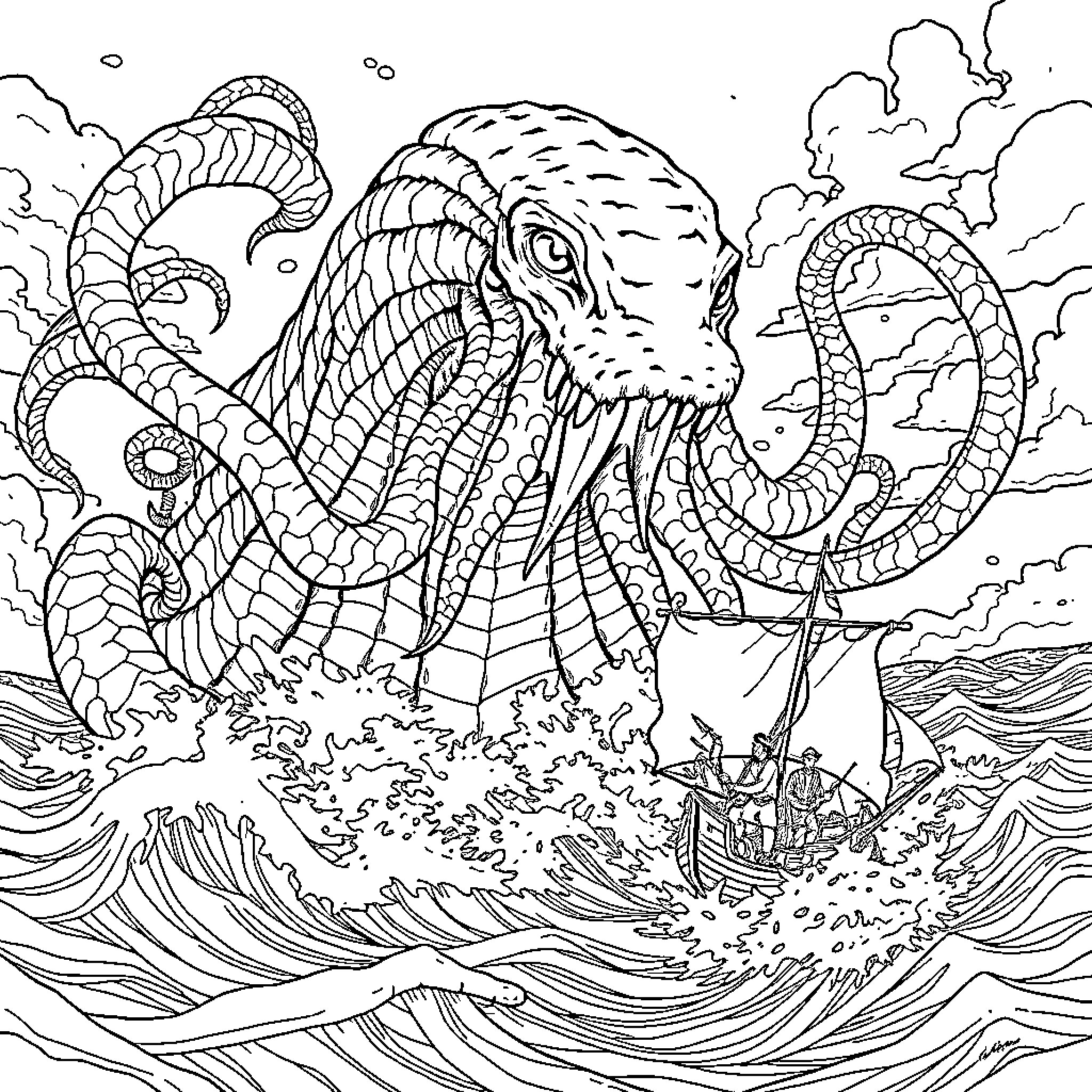 Kraken attacking a ship in the stormy sea Coloring Page (free black-and-white line drawing printable PDF for all, from beginners to advanced learners, including children, teens, adults, and seniors)