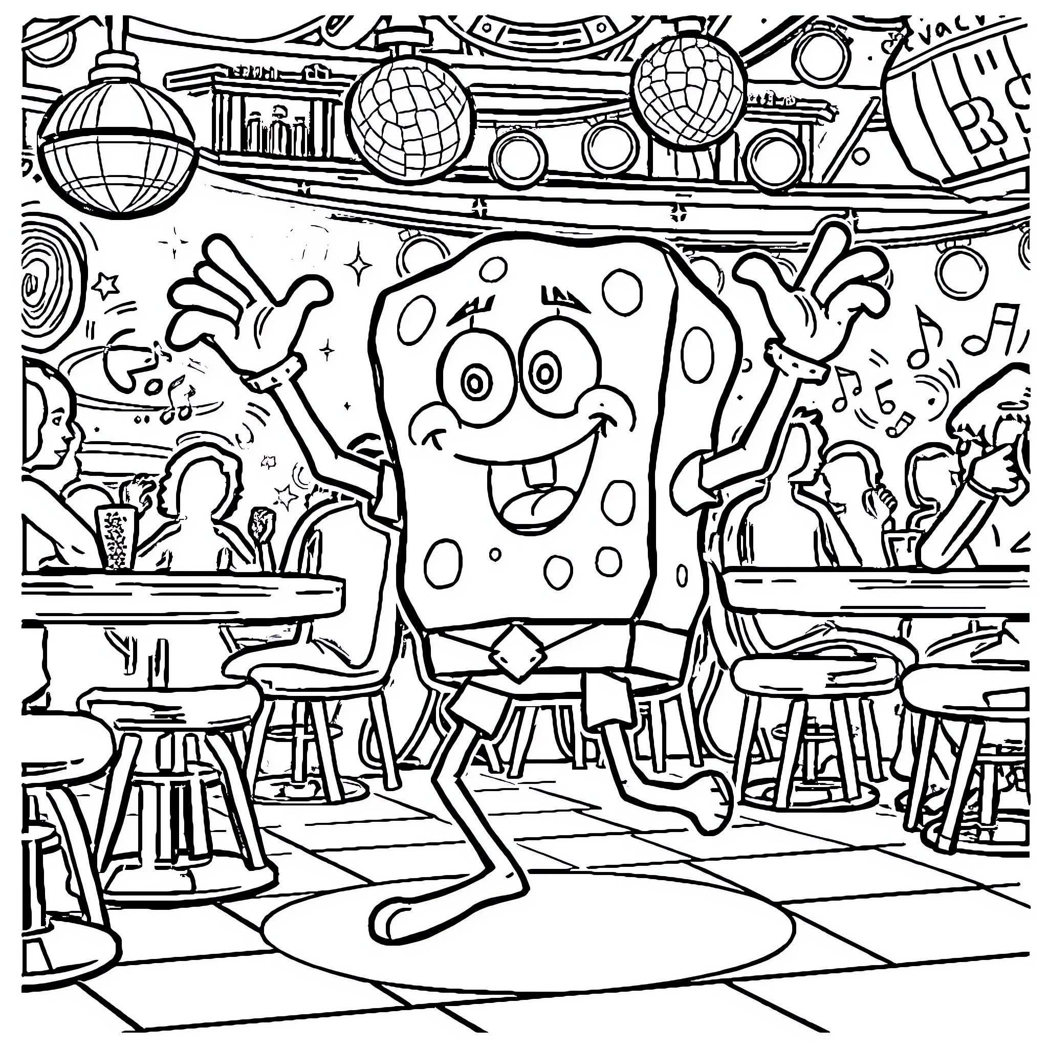 Bob esponja having a fun party with friends Coloring Page (free black-and-white line drawing printable PDF for all, from beginners to advanced learners, including children, teens, adults, and seniors)