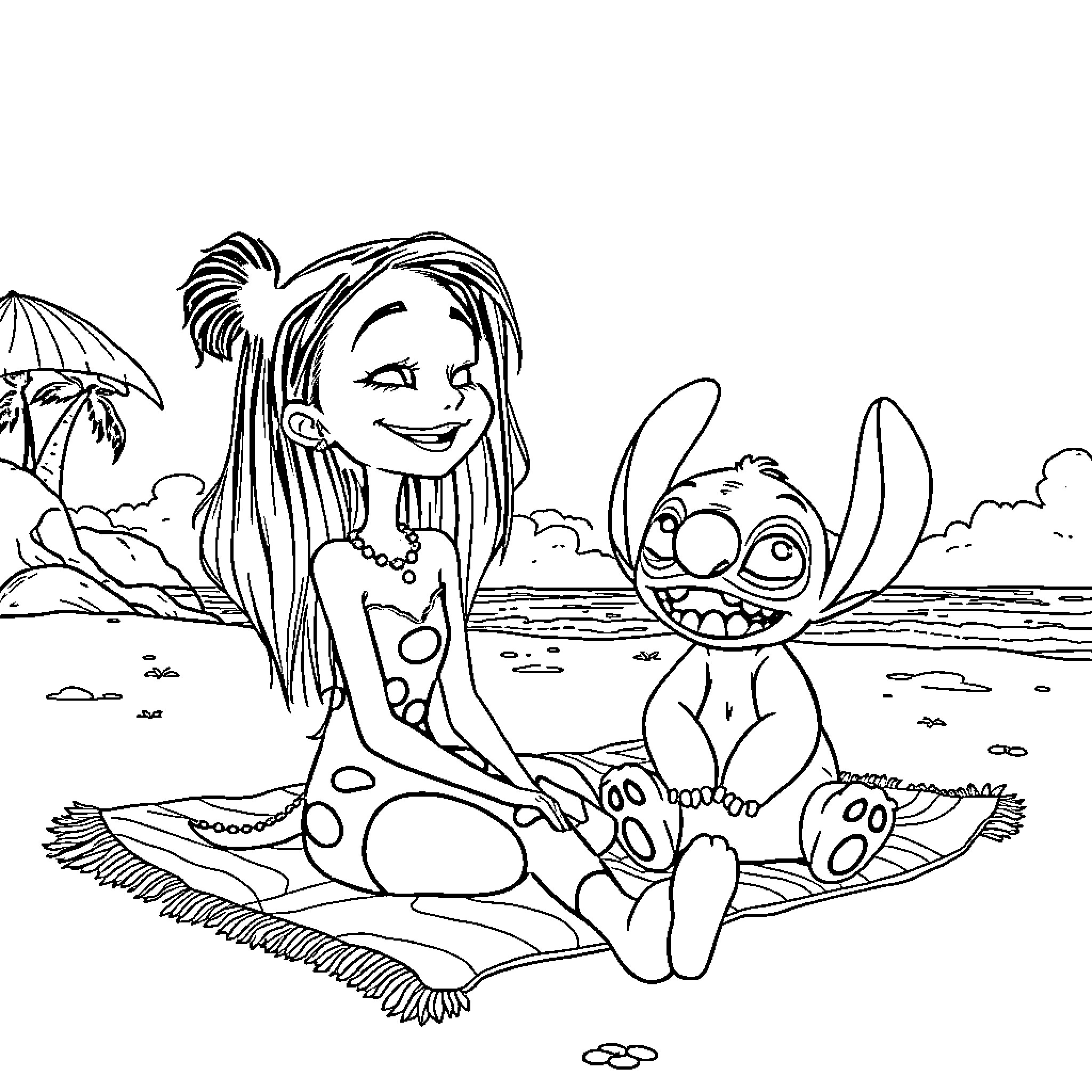 Coraline relaxing on the beach with Stitch Coloring Page (free black-and-white line drawing printable PDF for all, from beginners to advanced learners, including children, teens, adults, and seniors)