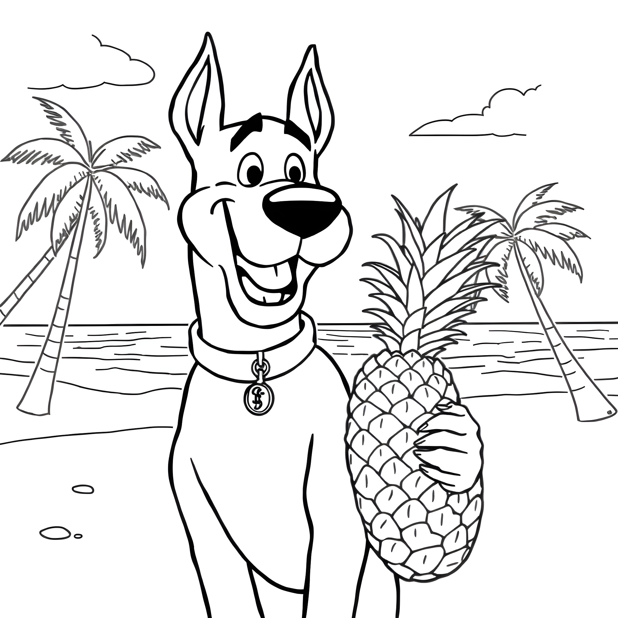 Scooby Doo enjoying a tropical vacation Coloring Page (free black-and-white line drawing printable PDF for all, from beginners to advanced learners, including children, teens, adults, and seniors)