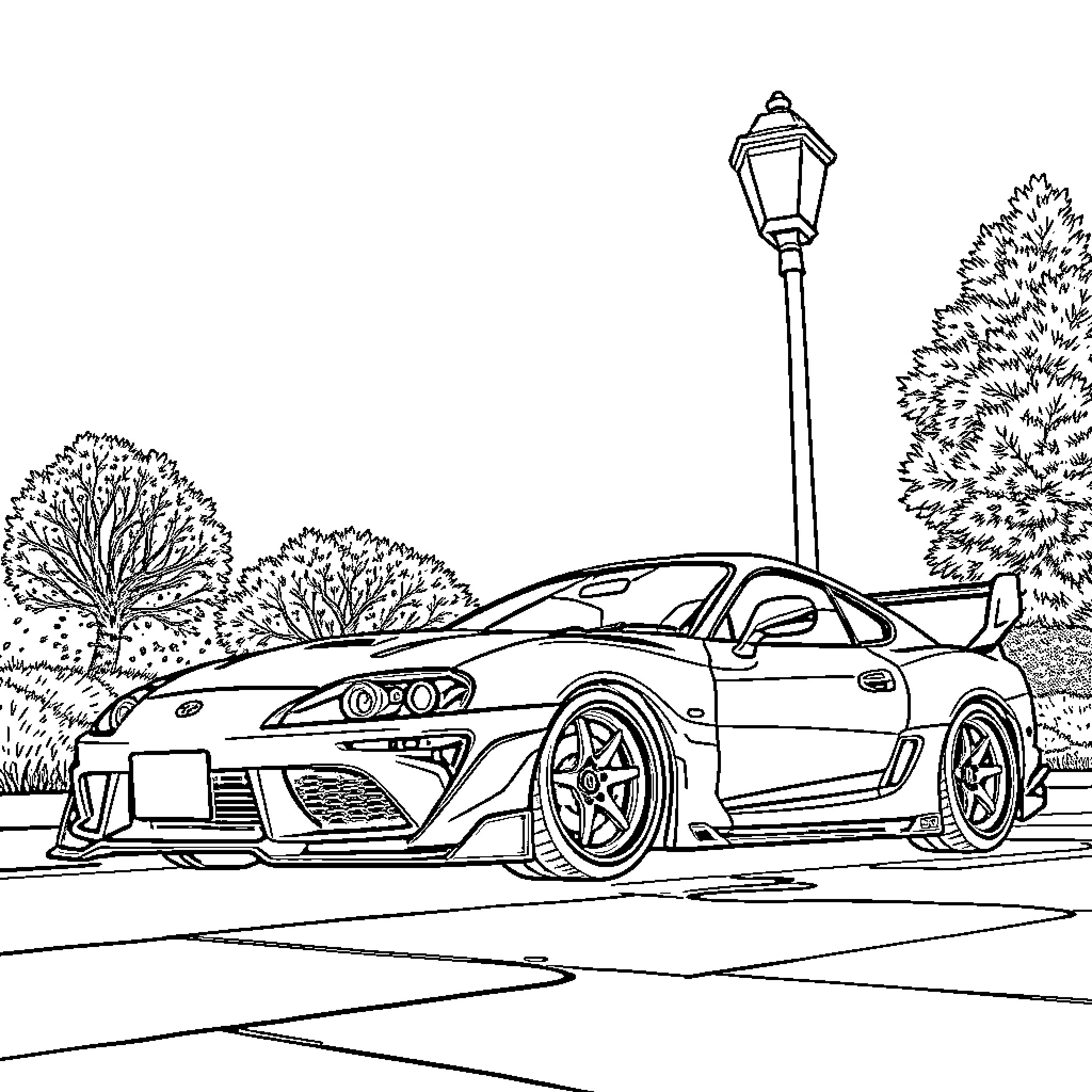 Toyota Supra sports car in urban setting Coloring Page (free black-and-white line drawing printable PDF for all, from beginners to advanced learners, including children, teens, adults, and seniors)
