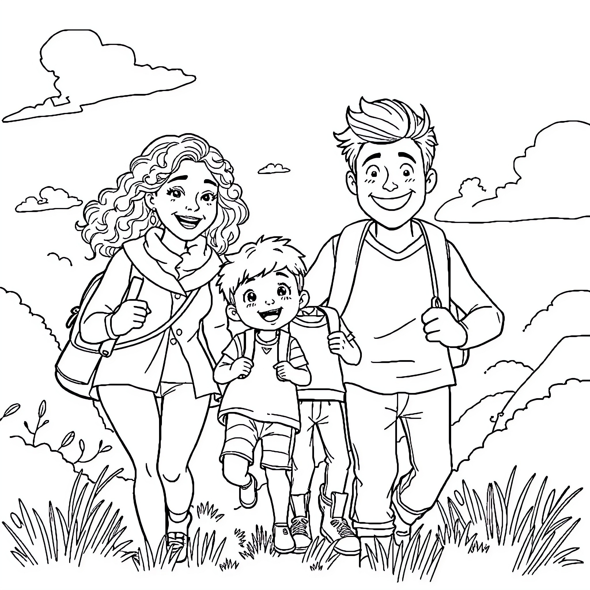 Family Enjoying Outdoor Adventure Together Coloring Page (free black-and-white line drawing printable PDF for all, from beginners to advanced learners, including children, teens, adults, and seniors)