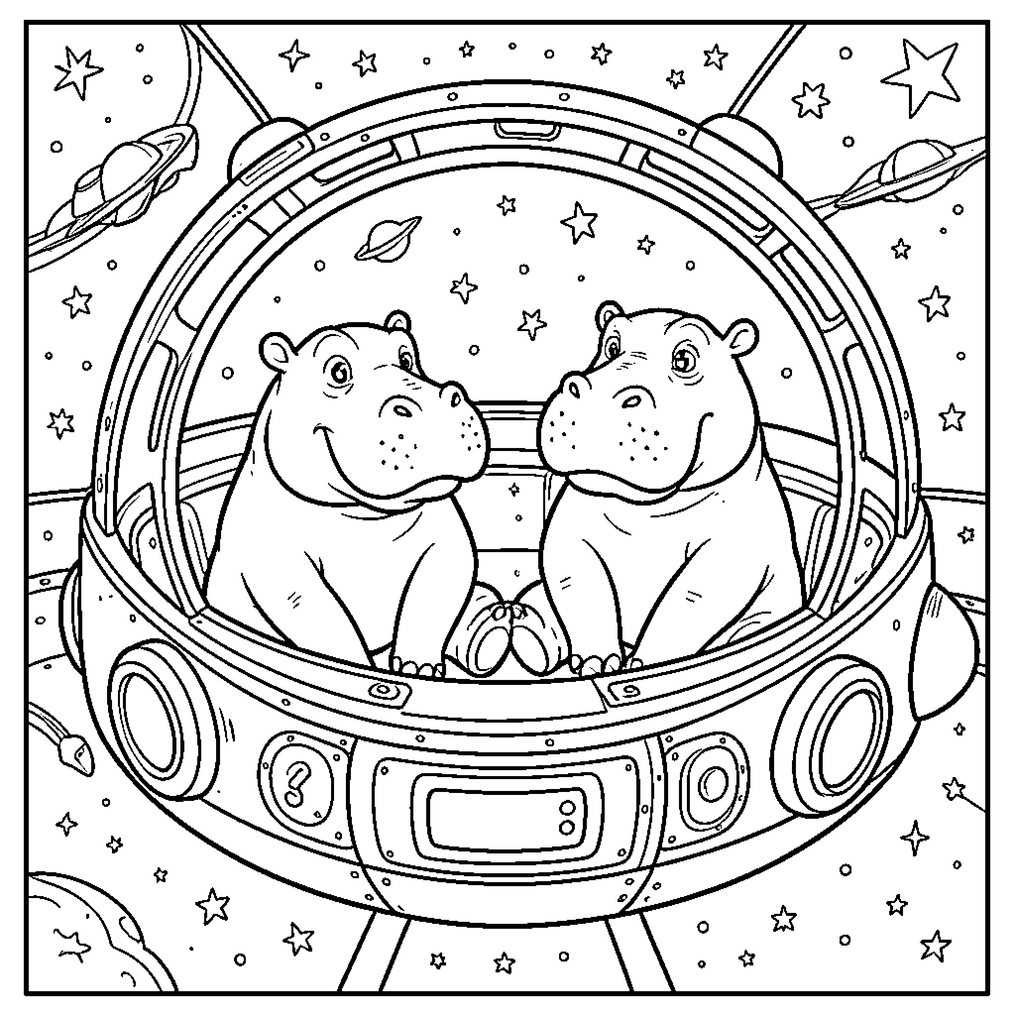 Hippo astronauts exploring the galaxy Coloring Page (free black-and-white line drawing printable PDF for all, from beginners to advanced learners, including children, teens, adults, and seniors)