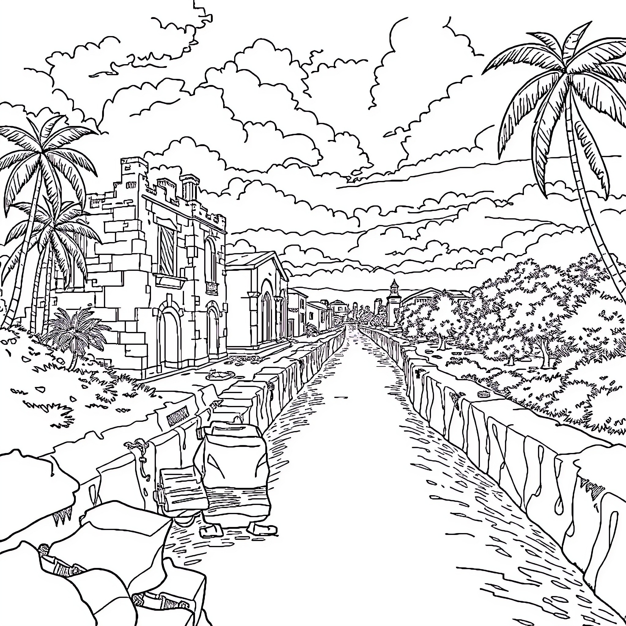 Panamá: Ancient Ruins Overlooking Tropical Landscape Coloring Page (free black-and-white line drawing printable PDF for all, from beginners to advanced learners, including children, teens, adults, and seniors)