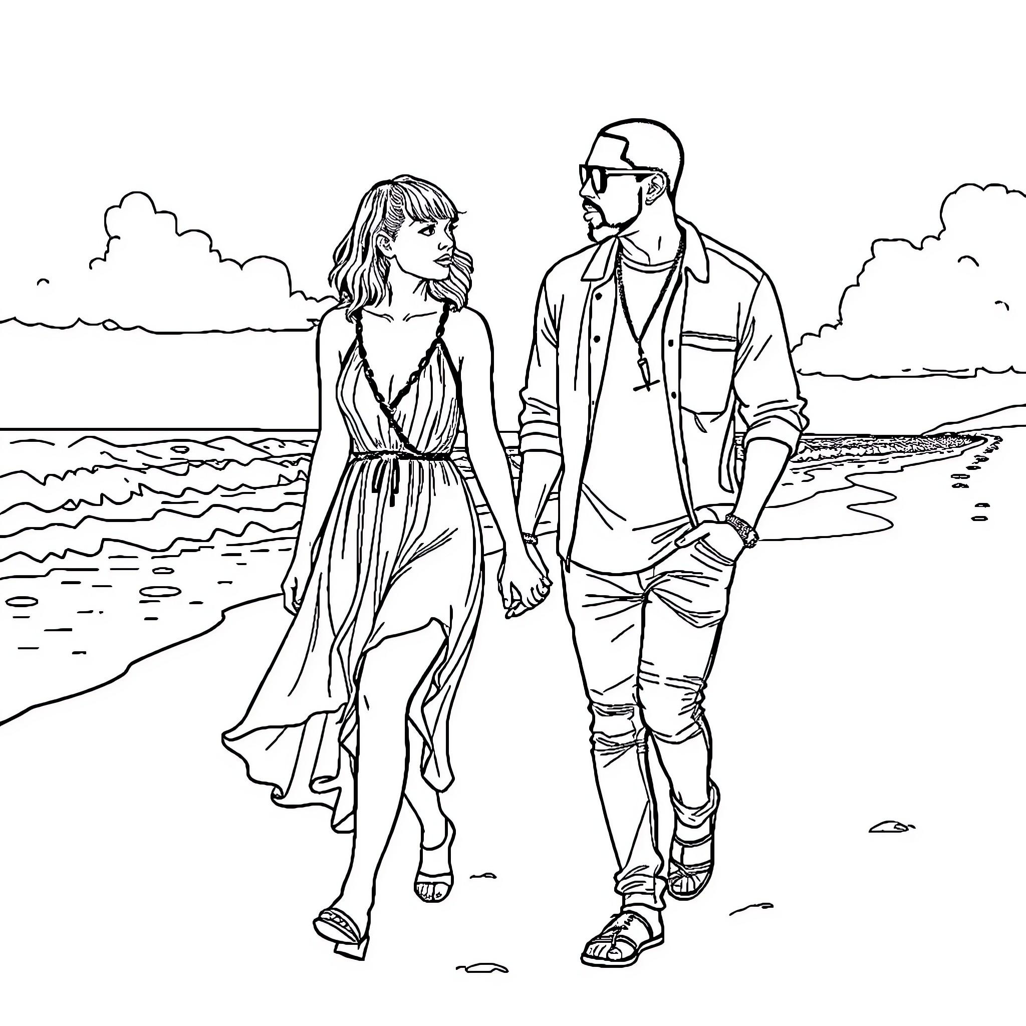 Taylor Swift strolling on the beach with partner Coloring Page (free black-and-white line drawing printable PDF for all, from beginners to advanced learners, including children, teens, adults, and seniors)