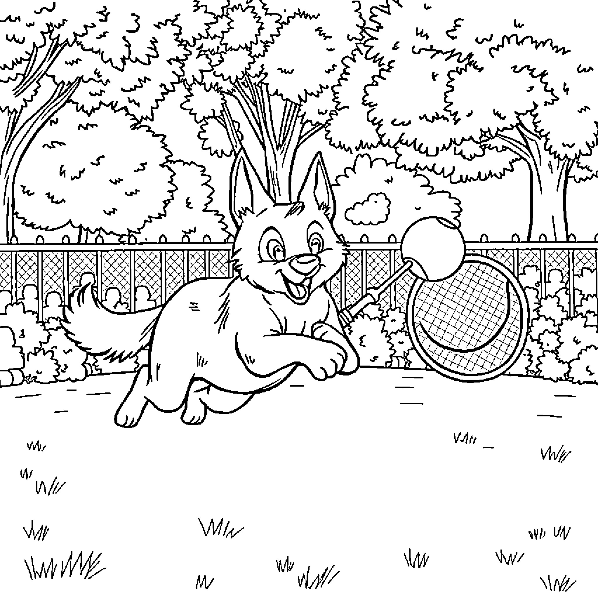 Dog playing happily in a fenced yard Coloring Page (free black-and-white line drawing printable PDF for all, from beginners to advanced learners, including children, teens, adults, and seniors)