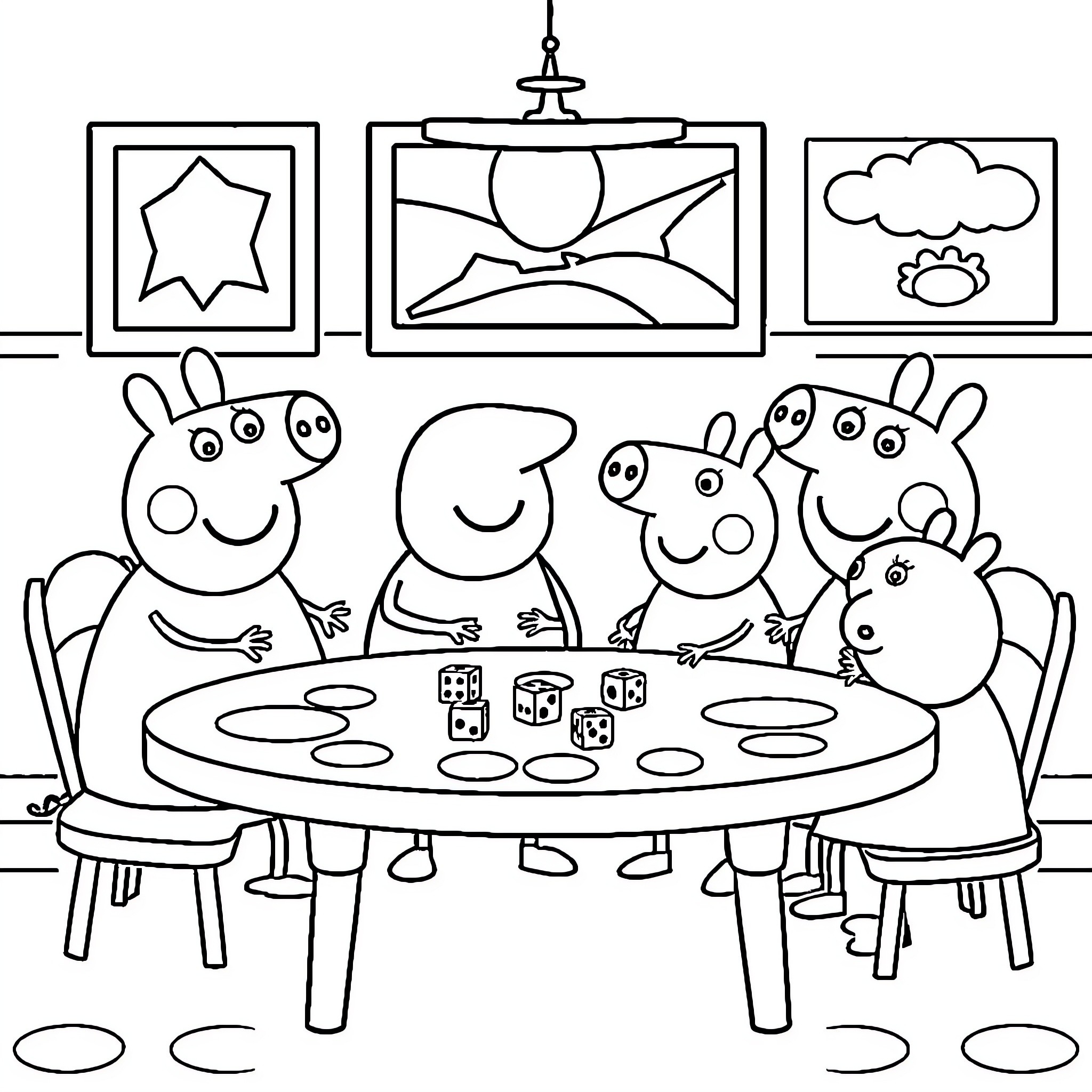 Peppa Pig family playing board games together Coloring Page (free black-and-white line drawing printable PDF for all, from beginners to advanced learners, including children, teens, adults, and seniors)