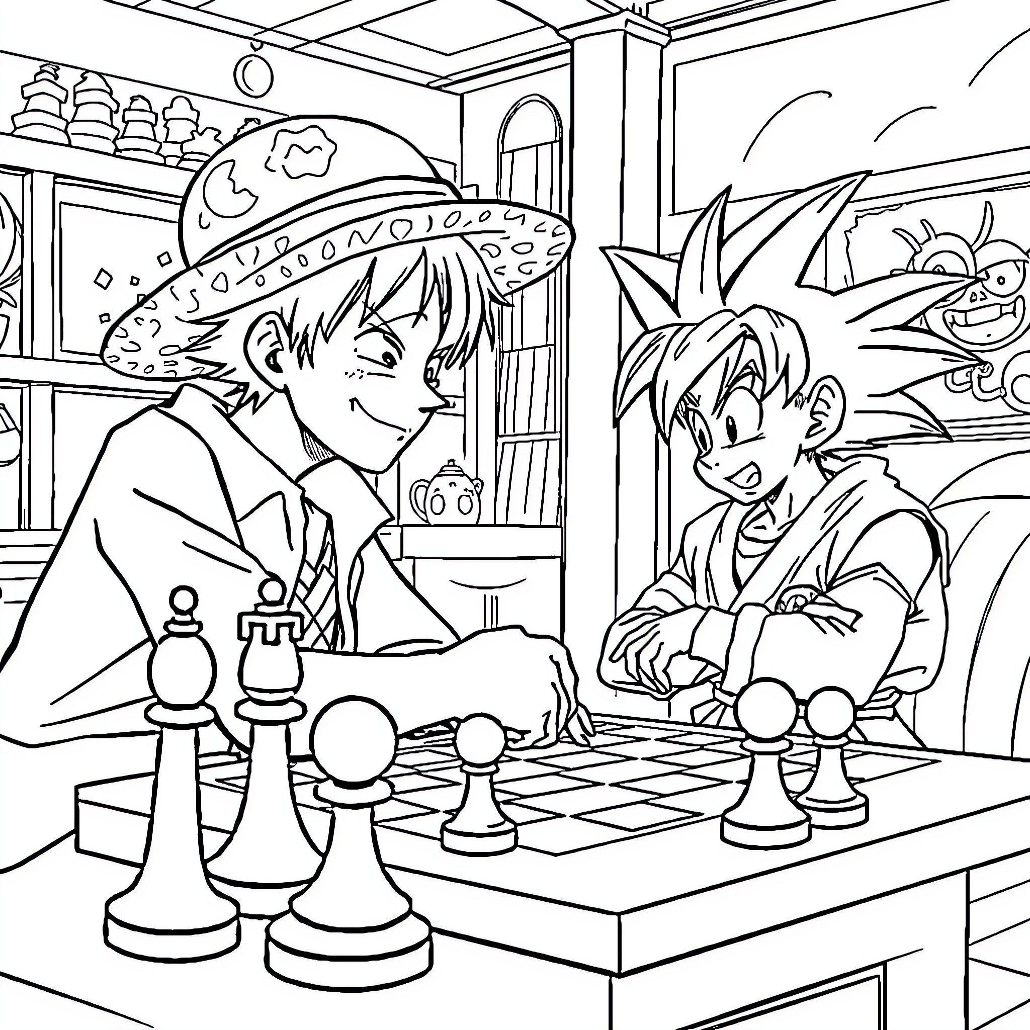 Monkey D Luffy playing chess with friends in a cozy room Coloring Page (free black-and-white line drawing printable PDF for all, from beginners to advanced learners, including children, teens, adults, and seniors)