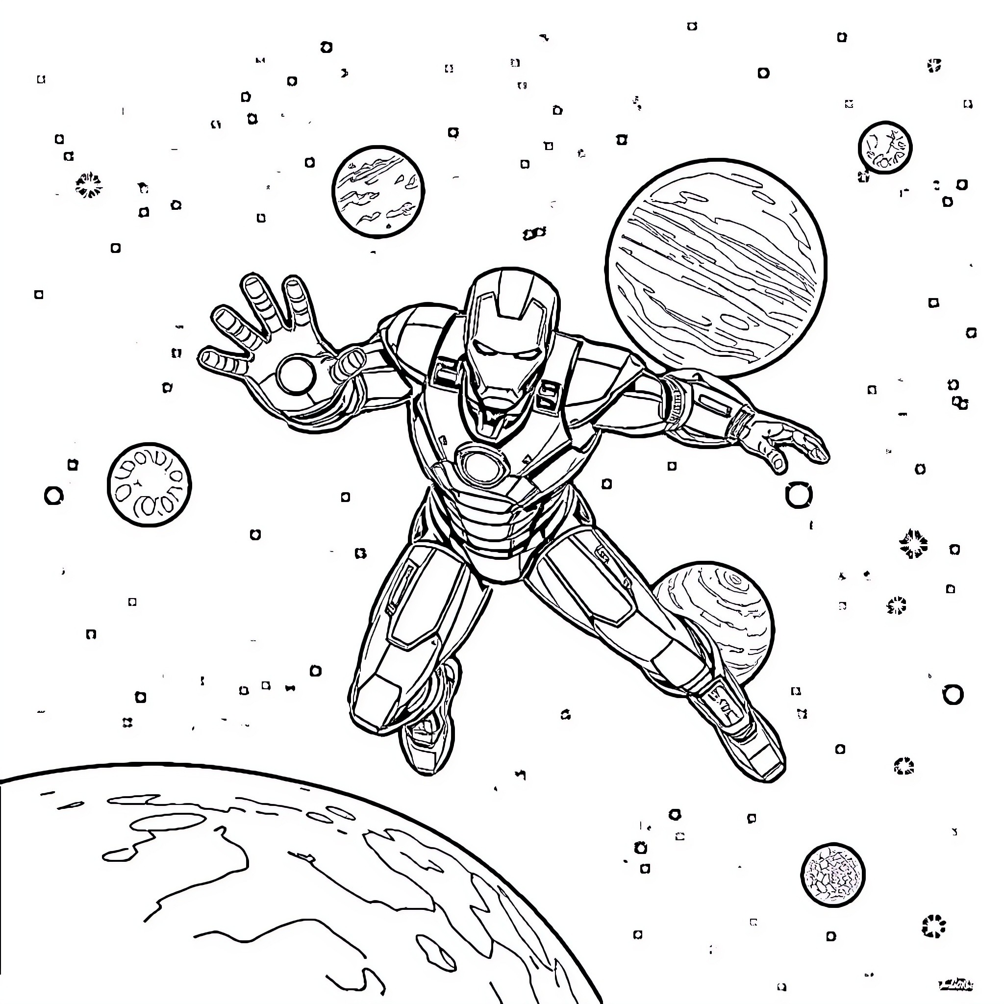 Ironman flying through space in action pose Coloring Page (free black-and-white line drawing printable PDF for all, from beginners to advanced learners, including children, teens, adults, and seniors)