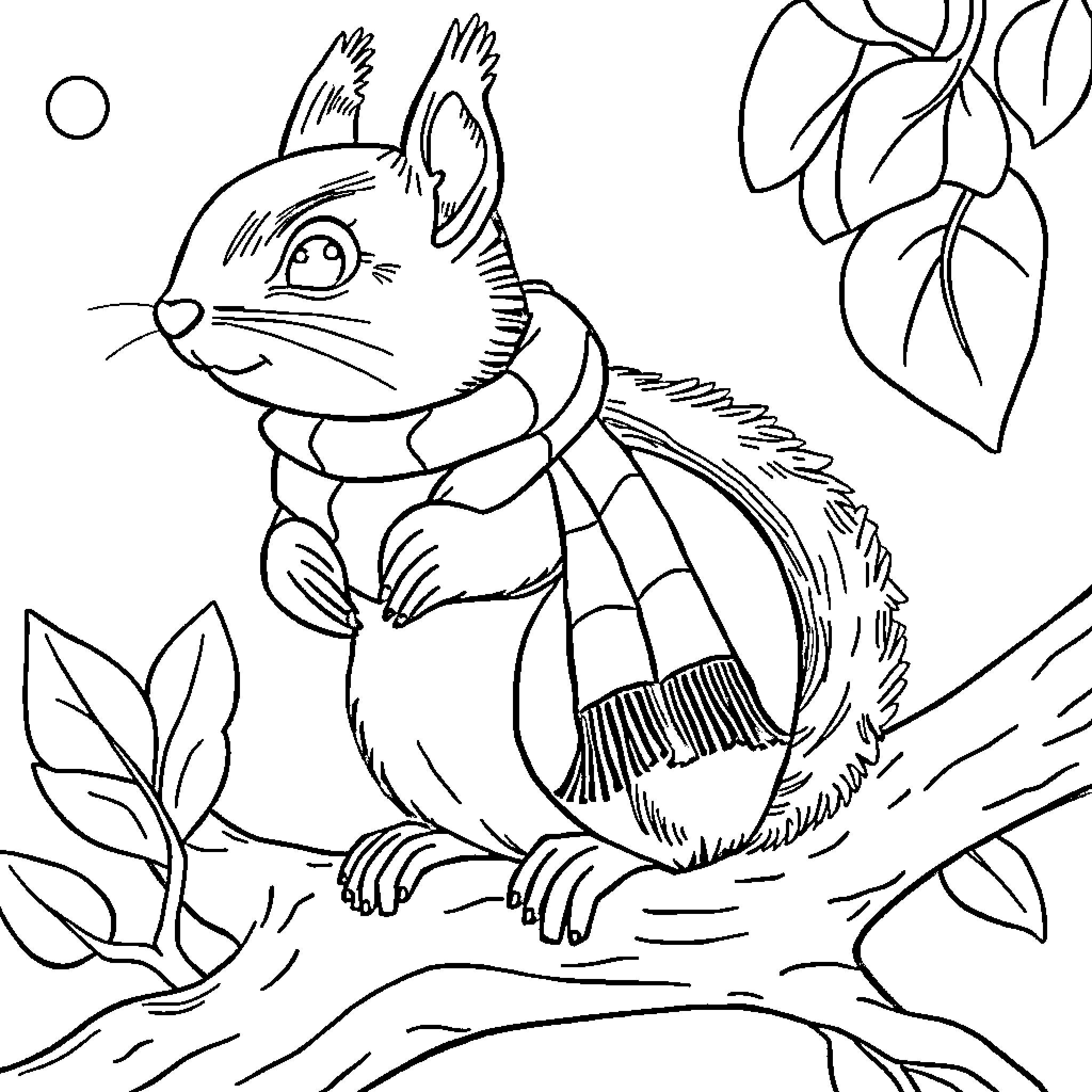 Squirrel wearing a scarf in a snowy scene Coloring Page (free black-and-white line drawing printable PDF for all, from beginners to advanced learners, including children, teens, adults, and seniors)