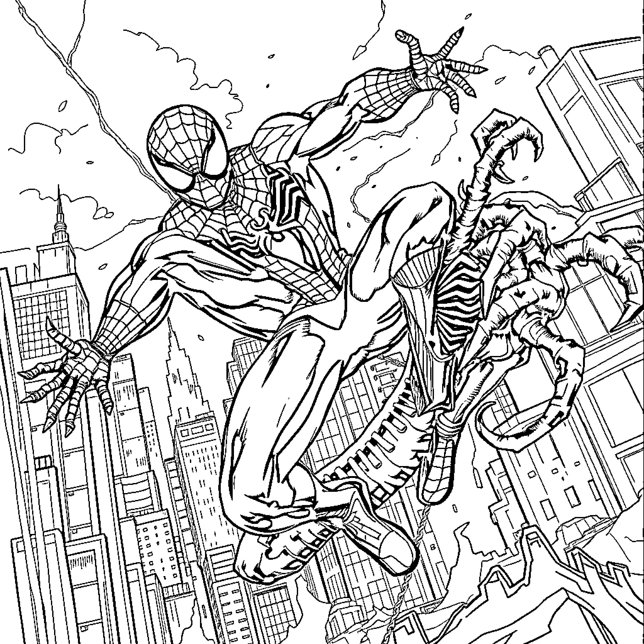 Spider-Man swinging through the city in action Coloring Page (free black-and-white line drawing printable PDF for all, from beginners to advanced learners, including children, teens, adults, and seniors)