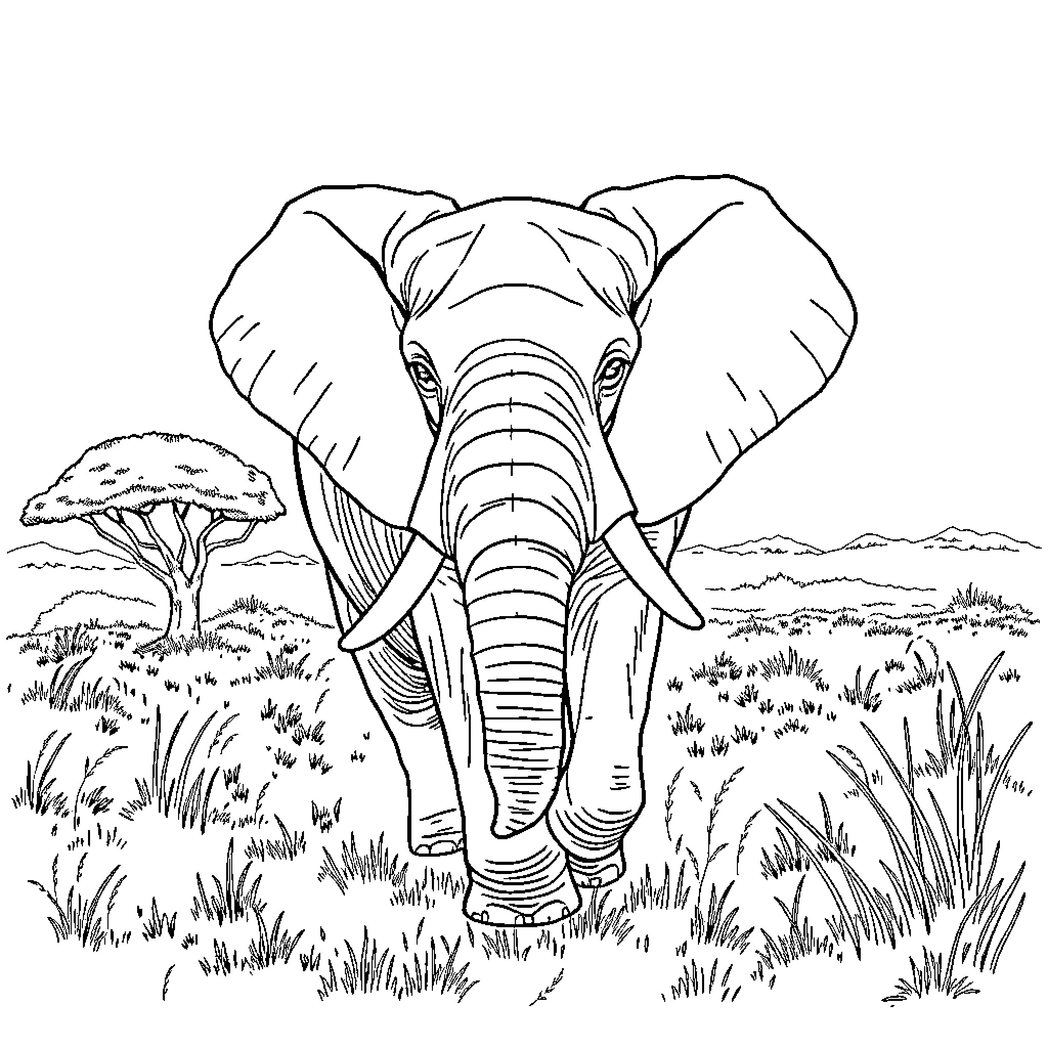 Elephant walking through the African savanna Coloring Page (free black-and-white line drawing printable PDF for all, from beginners to advanced learners, including children, teens, adults, and seniors)