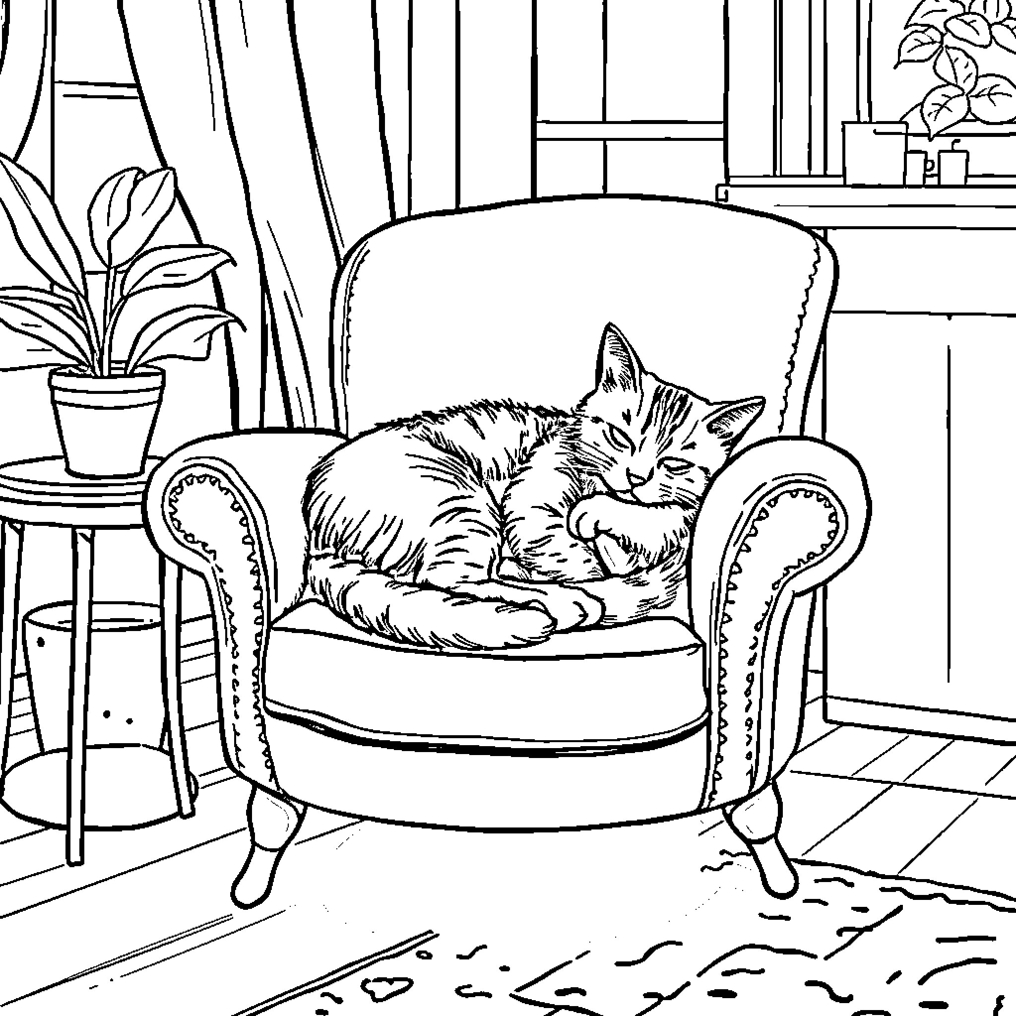 Cat napping peacefully in a cozy armchair Coloring Page (free black-and-white line drawing printable PDF for all, from beginners to advanced learners, including children, teens, adults, and seniors)