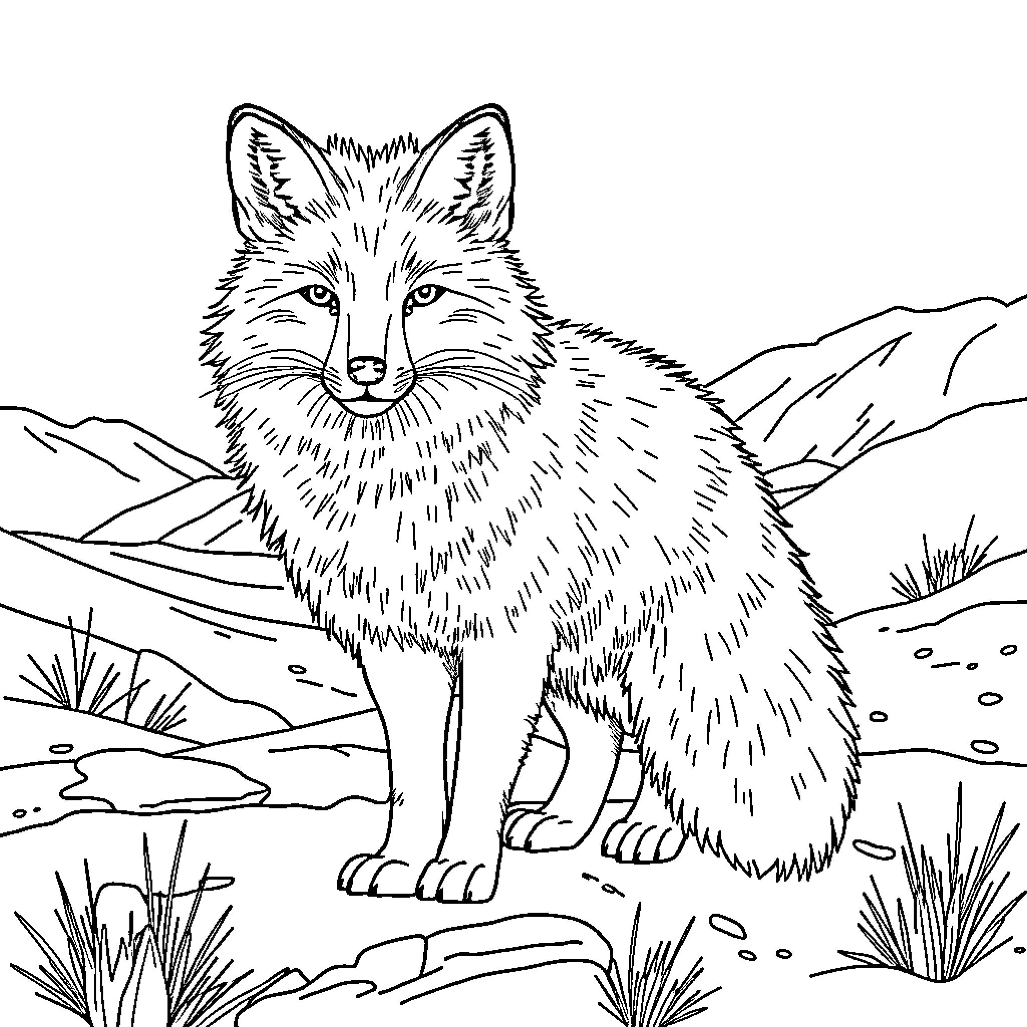 Arctic Fox exploring the snowy landscape Coloring Page (free black-and-white line drawing printable PDF for all, from beginners to advanced learners, including children, teens, adults, and seniors)