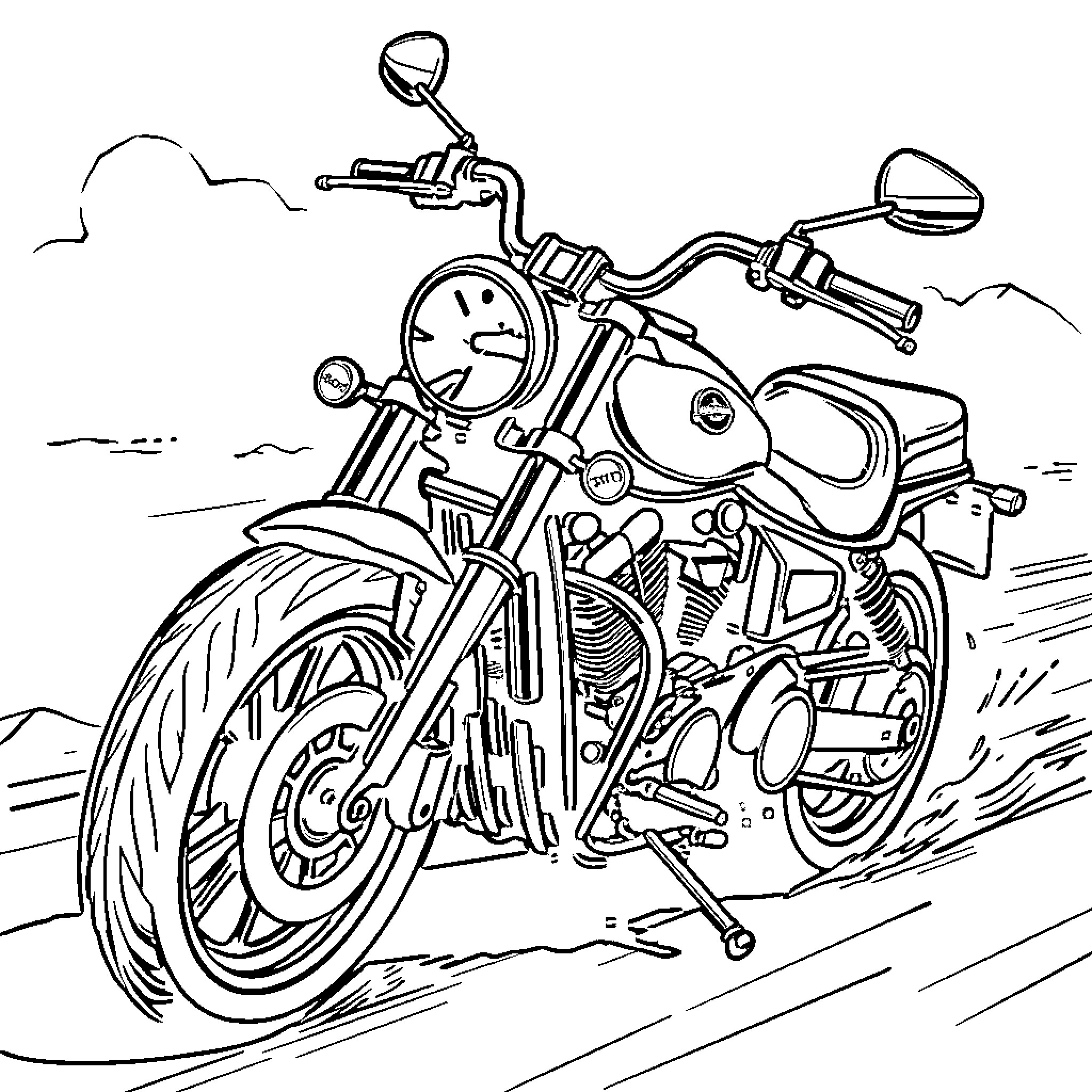 Hog Motorcycle Cruising on Scenic Route Coloring Page (free black-and-white line drawing printable PDF for all, from beginners to advanced learners, including children, teens, adults, and seniors)