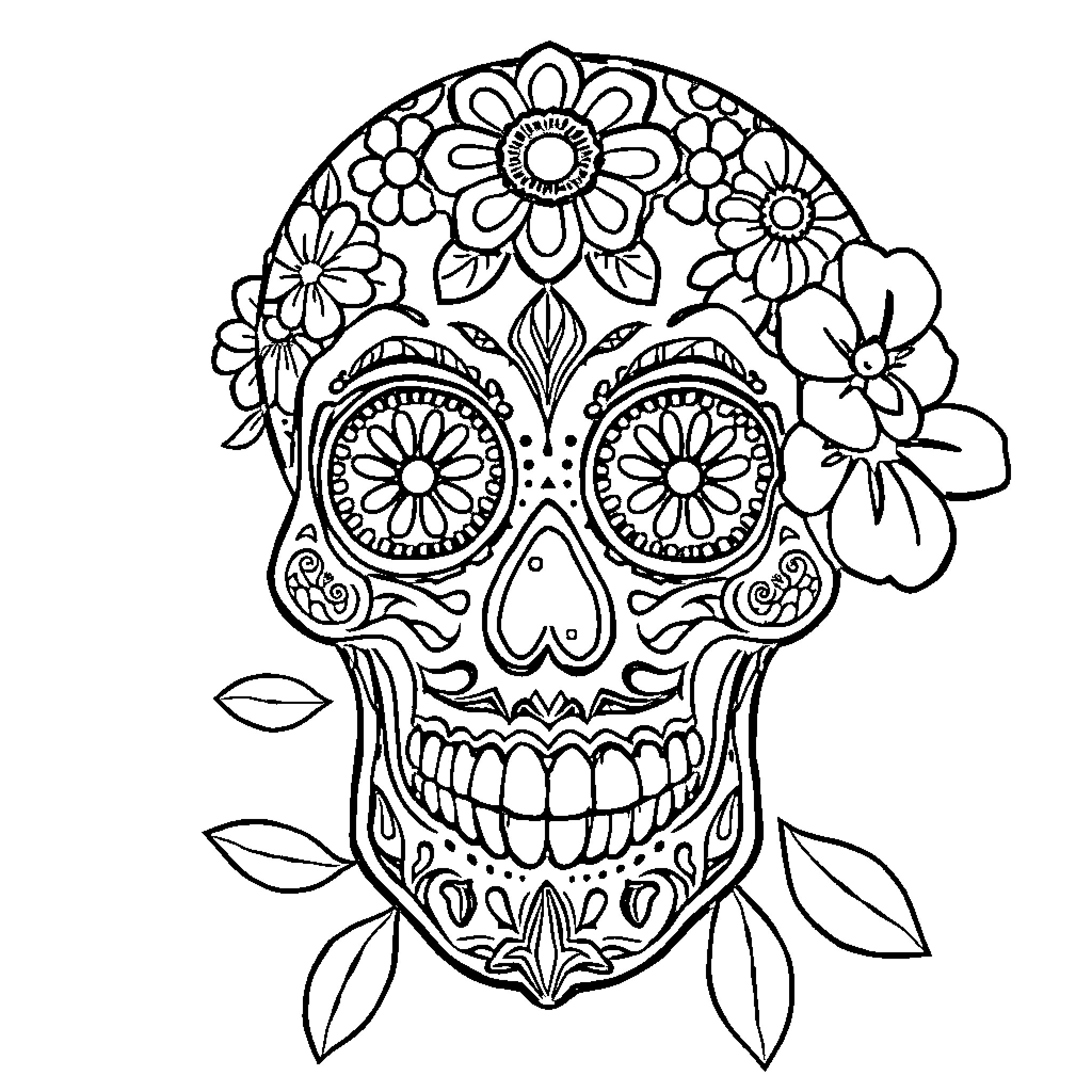 Sugar Skull with Intricate Floral Patterns Coloring Page (free black-and-white line drawing printable PDF for all, from beginners to advanced learners, including children, teens, adults, and seniors)