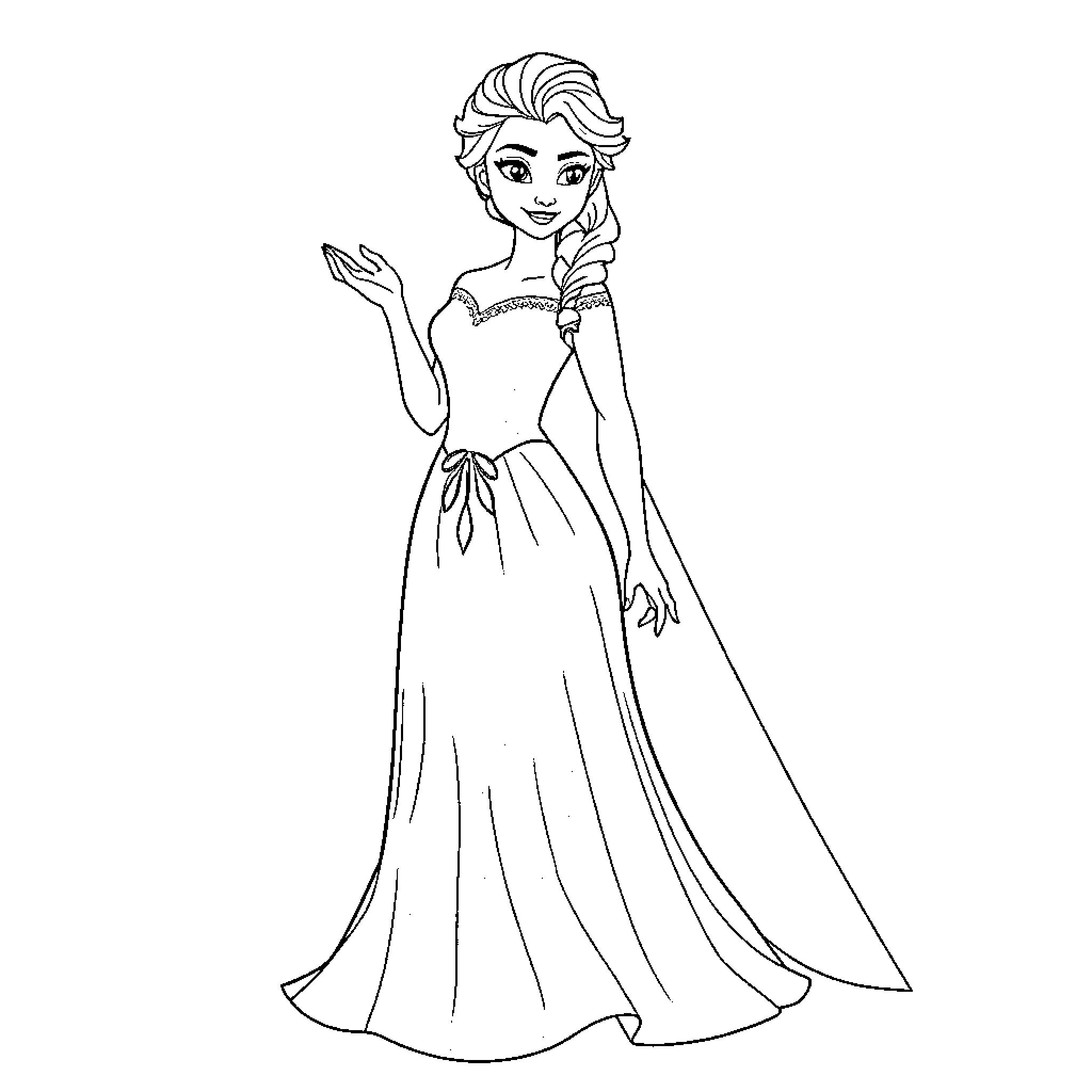 Elsa in her elegant dress and pose Coloring Page (free black-and-white line drawing printable PDF for all, from beginners to advanced learners, including children, teens, adults, and seniors)