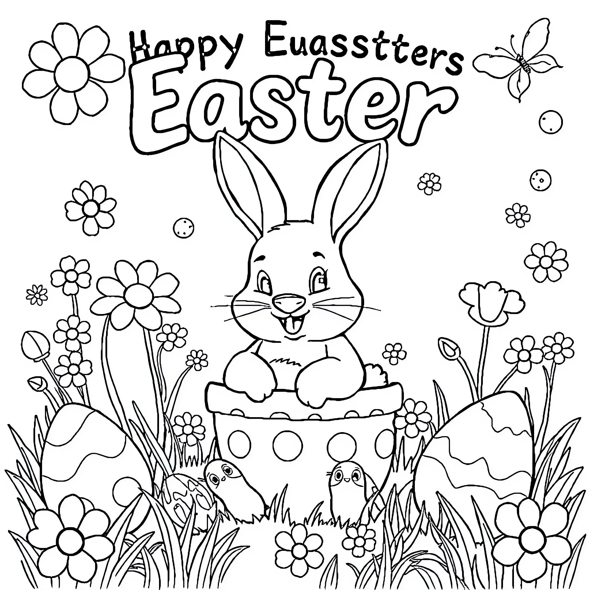Easter Bunny Surrounded by Flowers and Eggs Coloring Page (free black-and-white line drawing printable PDF for all, from beginners to advanced learners, including children, teens, adults, and seniors)