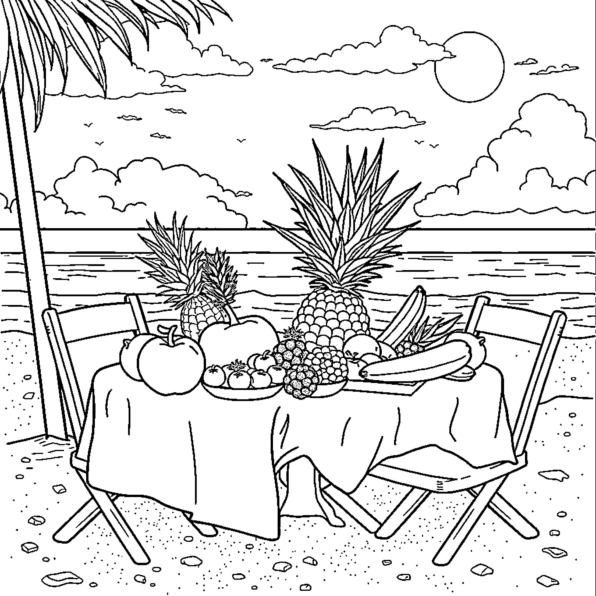 Fruit and Vegetable Picnic on the Beach Coloring Page (free black-and-white line drawing printable PDF for all, from beginners to advanced learners, including children, teens, adults, and seniors)