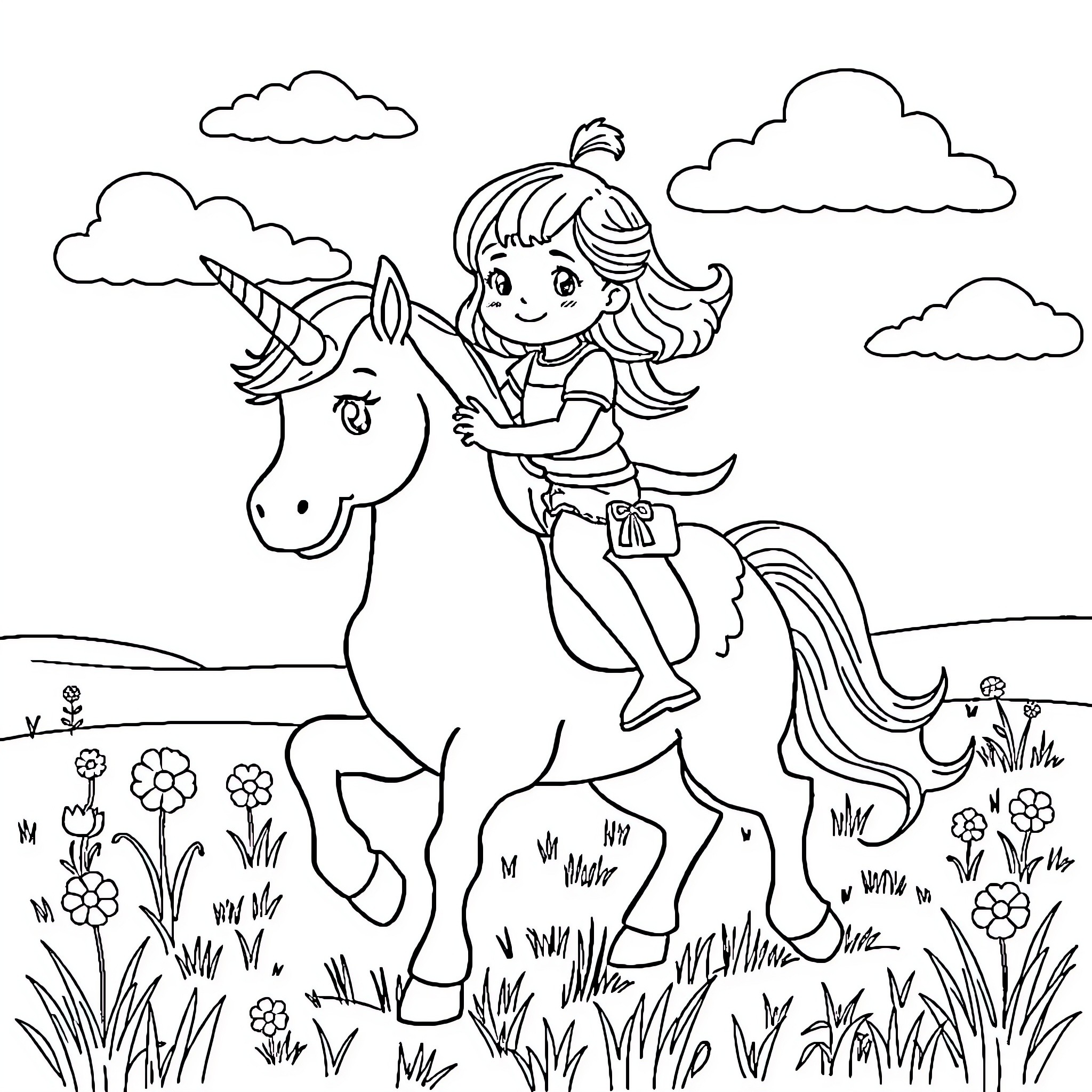 Unicorn Girl Riding Magical Unicorn in Enchanted Meadow Coloring Page (free black-and-white line drawing printable PDF for all, from beginners to advanced learners, including children, teens, adults, and seniors)