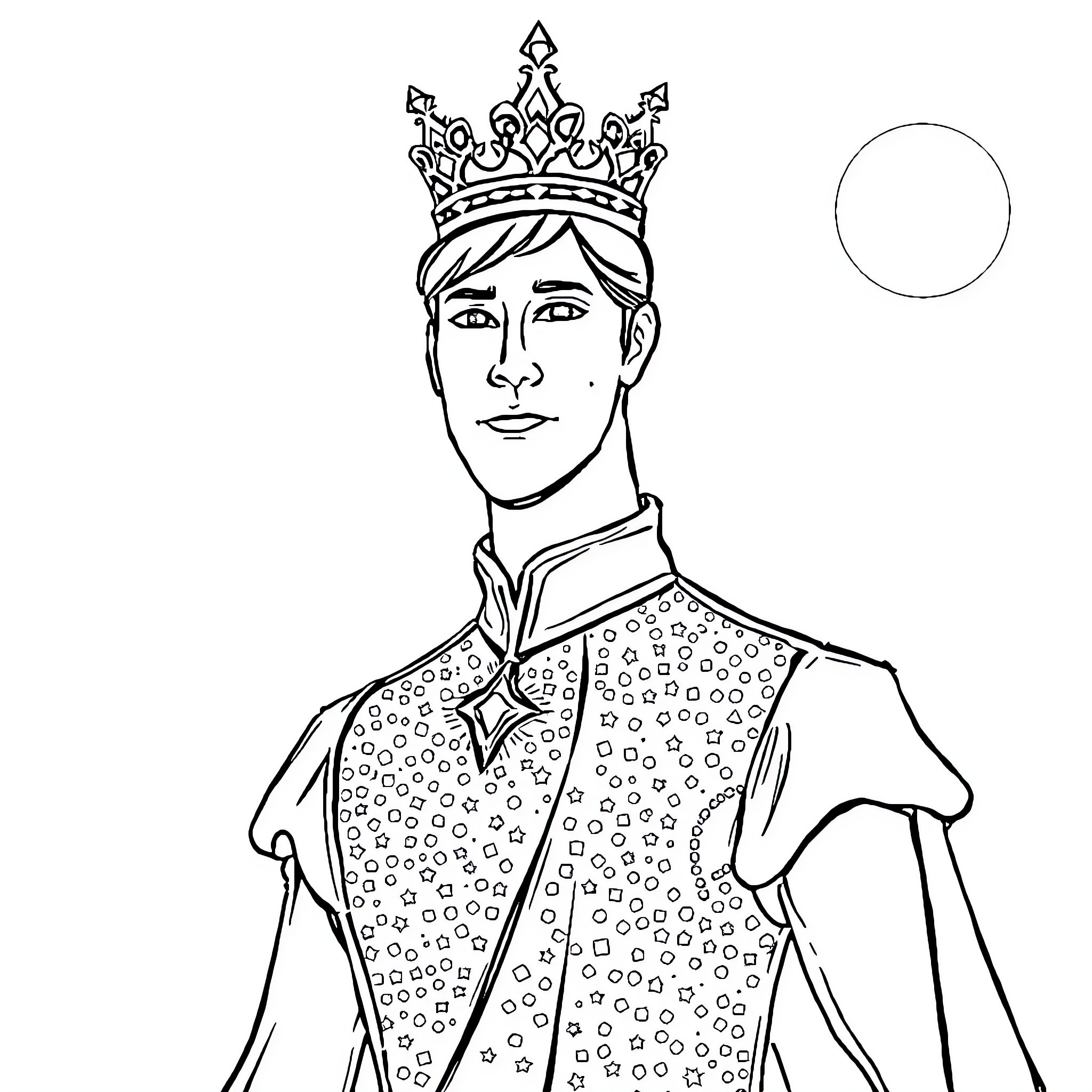Prince in regal attire and crown Coloring Page (free black-and-white line drawing printable PDF for all, from beginners to advanced learners, including children, teens, adults, and seniors)