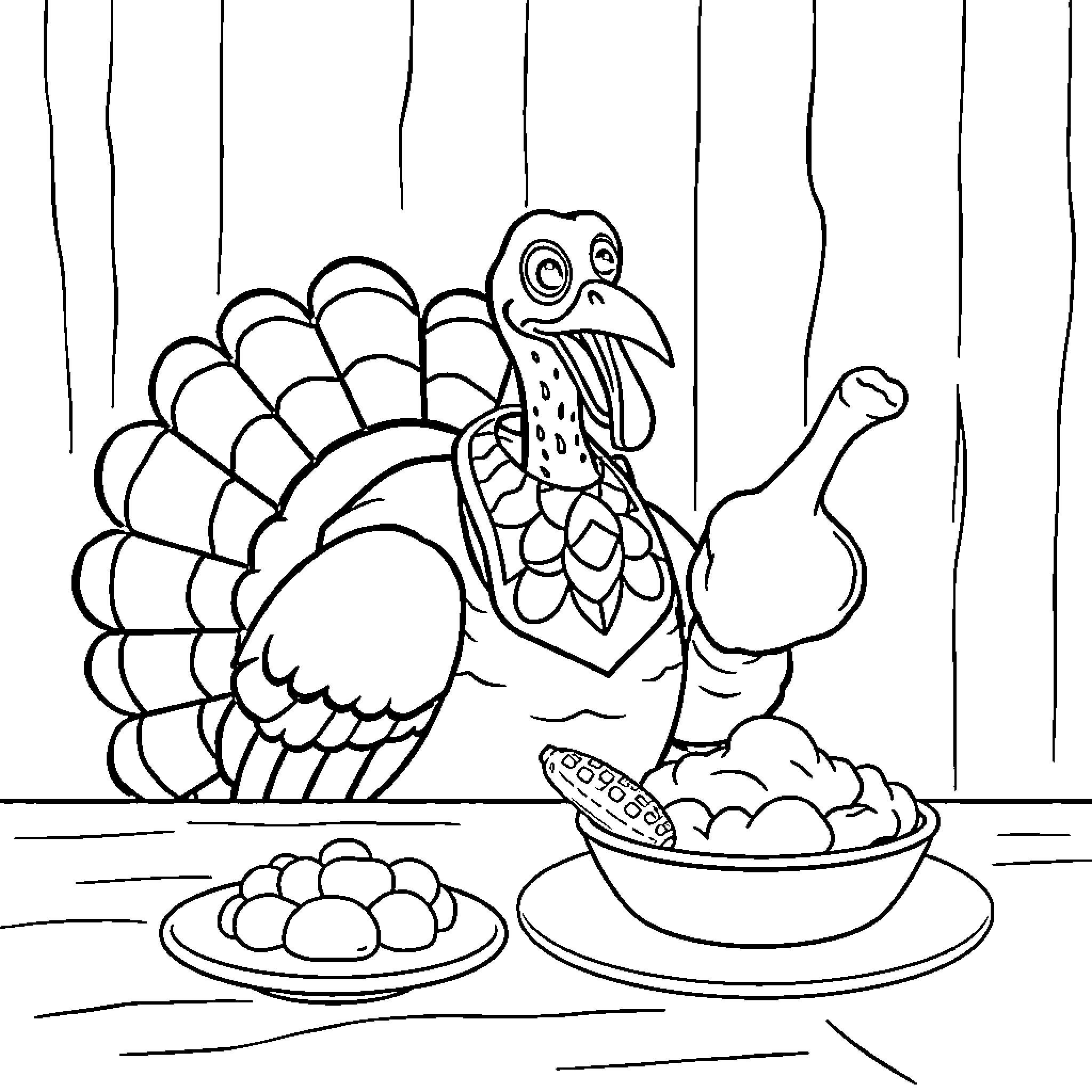 Turkey preparing traditional Thanksgiving meal Coloring Page (free black-and-white line drawing printable PDF for all, from beginners to advanced learners, including children, teens, adults, and seniors)