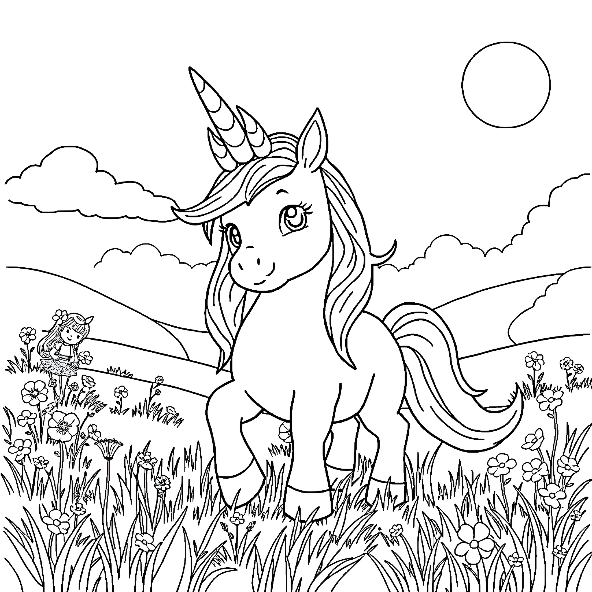 Unicorn standing in a flowery meadow Coloring Page (free black-and-white line drawing printable PDF for all, from beginners to advanced learners, including children, teens, adults, and seniors)