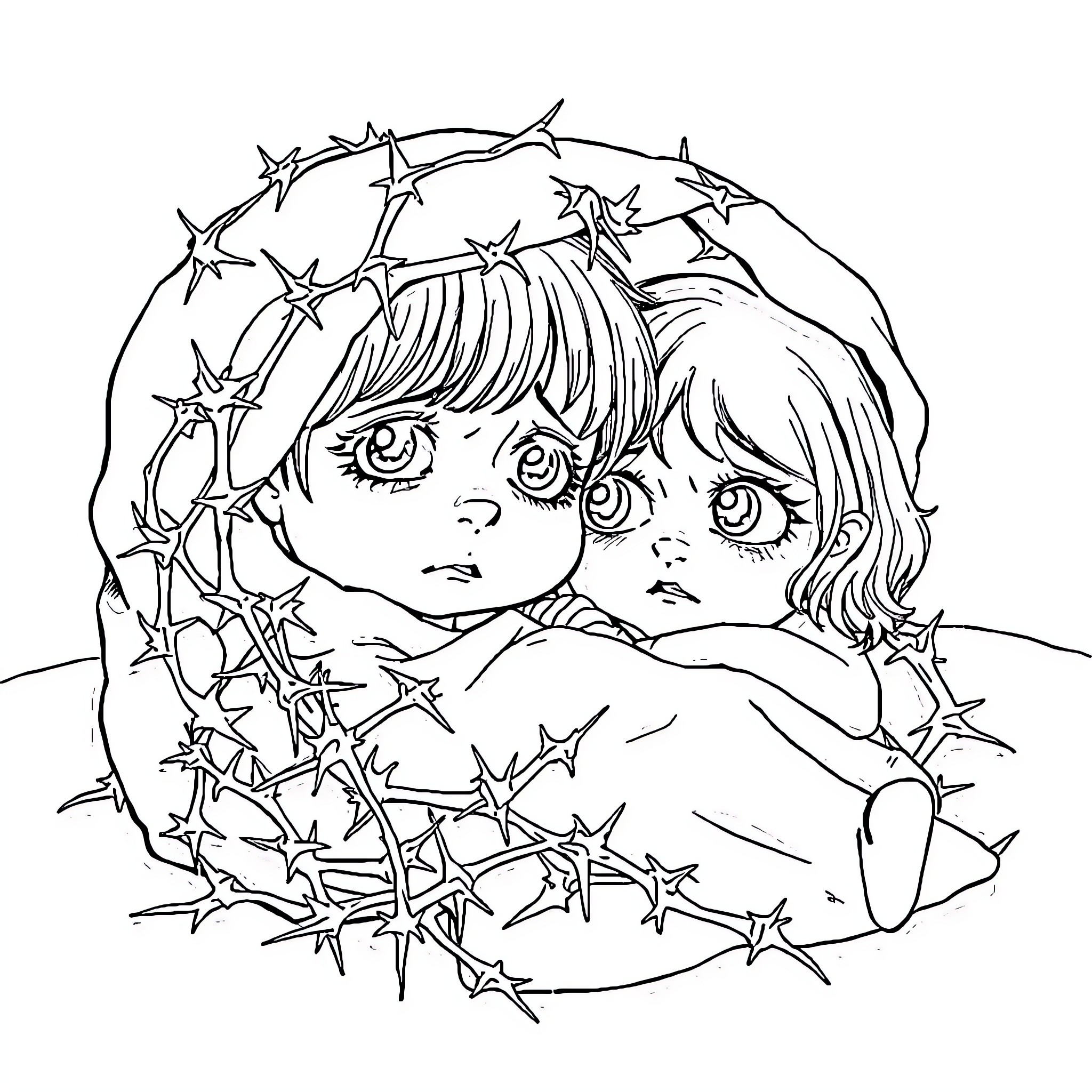 Girl Wrapped in Thorns and Stars Coloring Page (free black-and-white line drawing printable PDF for all, from beginners to advanced learners, including children, teens, adults, and seniors)