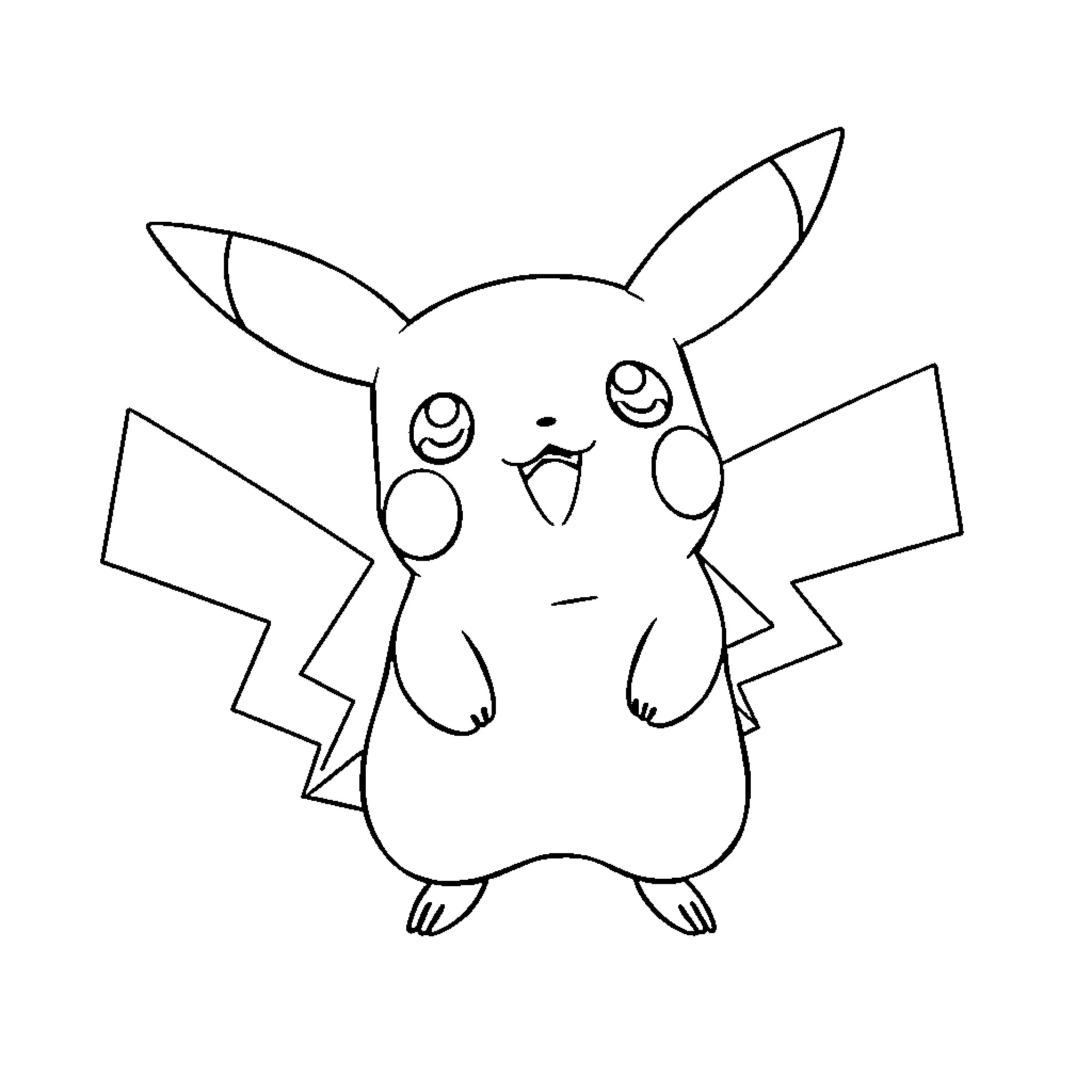 Pikachu in a cheerful, expressive pose Coloring Page (free black-and-white line drawing printable PDF for all, from beginners to advanced learners, including children, teens, adults, and seniors)