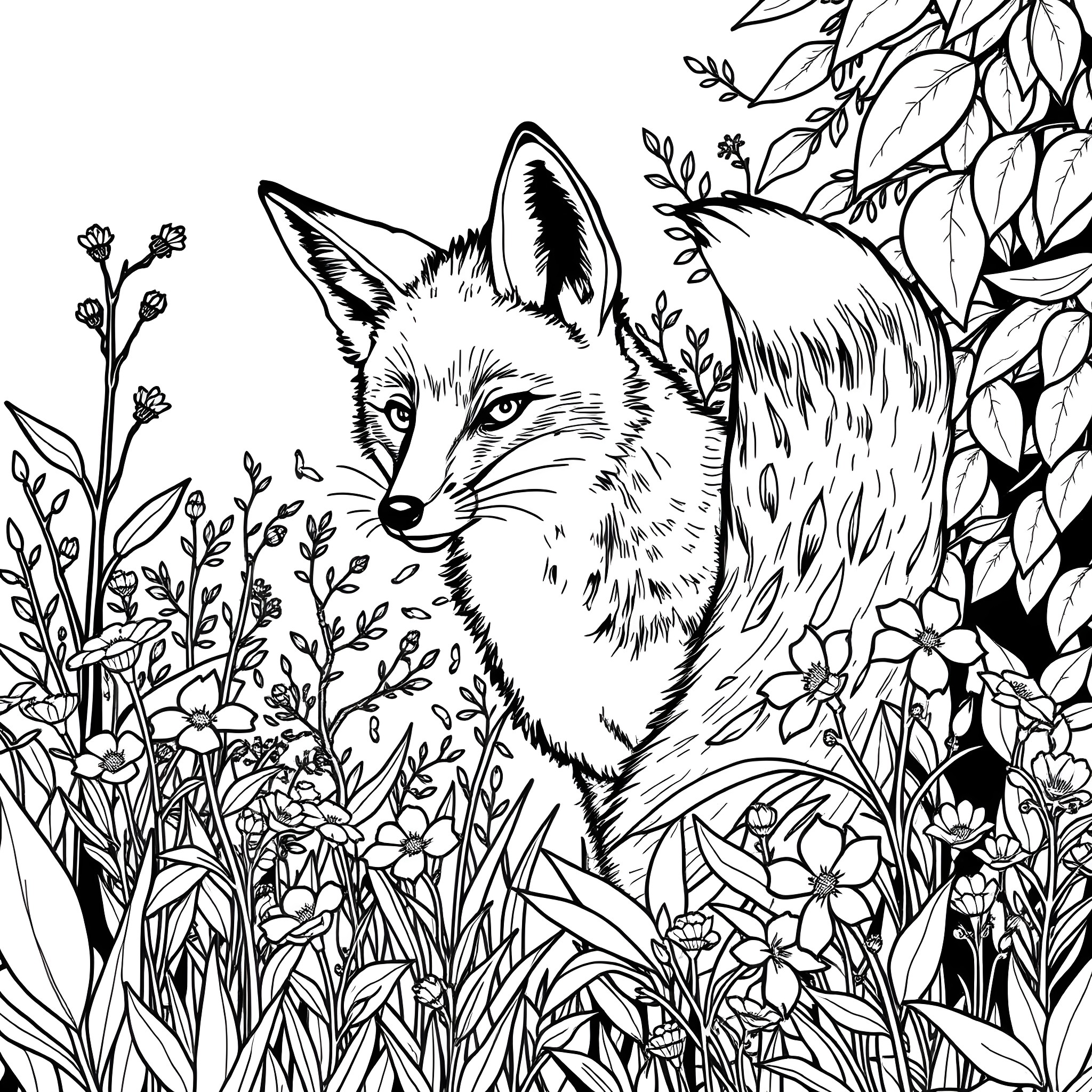 Foxface peeking through the foliage Coloring Page (free black-and-white line drawing printable PDF for all, from beginners to advanced learners, including children, teens, adults, and seniors)