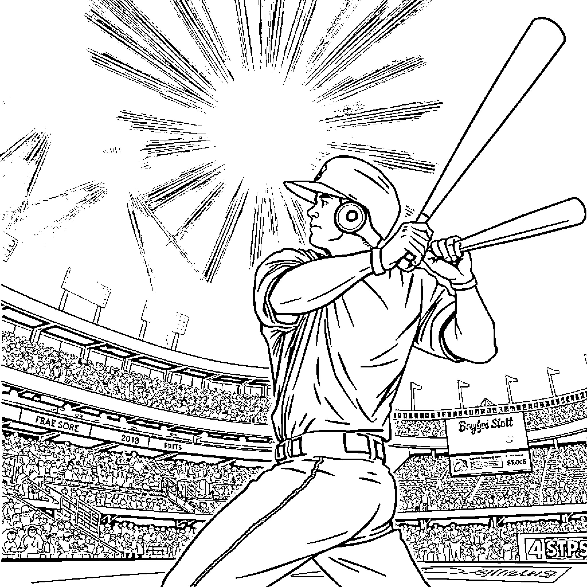 Bryson Stott batting at the baseball stadium Coloring Page (free black-and-white line drawing printable PDF for all, from beginners to advanced learners, including children, teens, adults, and seniors)
