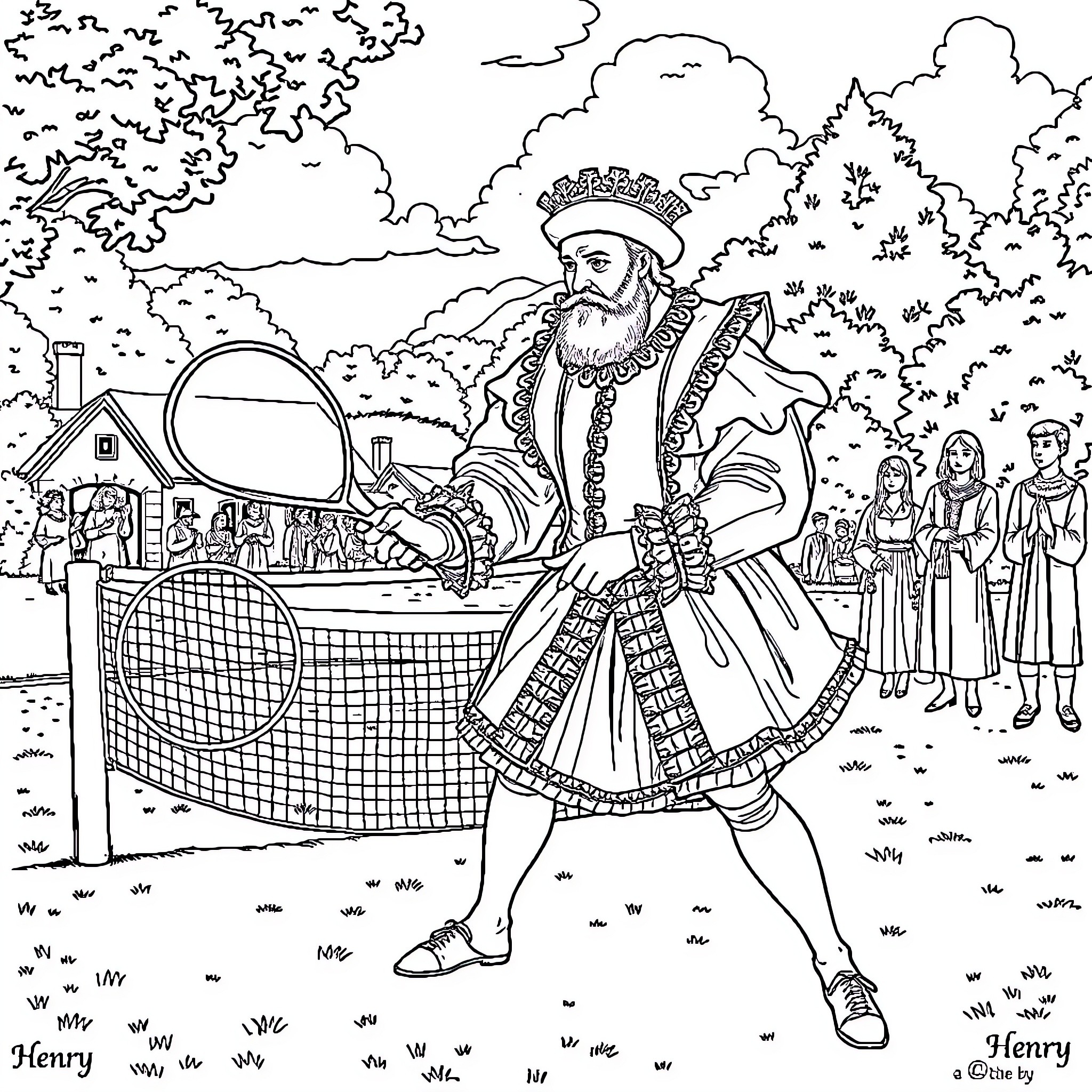 Henry VIII Playing Tennis with Courtiers in the Palace Grounds Coloring Page (free black-and-white line drawing printable PDF for all, from beginners to advanced learners, including children, teens, adults, and seniors)