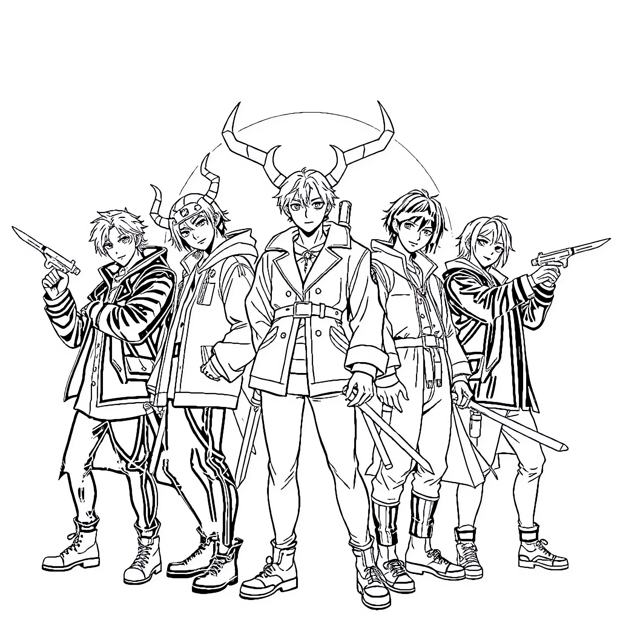 Saja Boys in Heroic Poses with Weapons Coloring Page (free black-and-white line drawing printable PDF for all, from beginners to advanced learners, including children, teens, adults, and seniors)