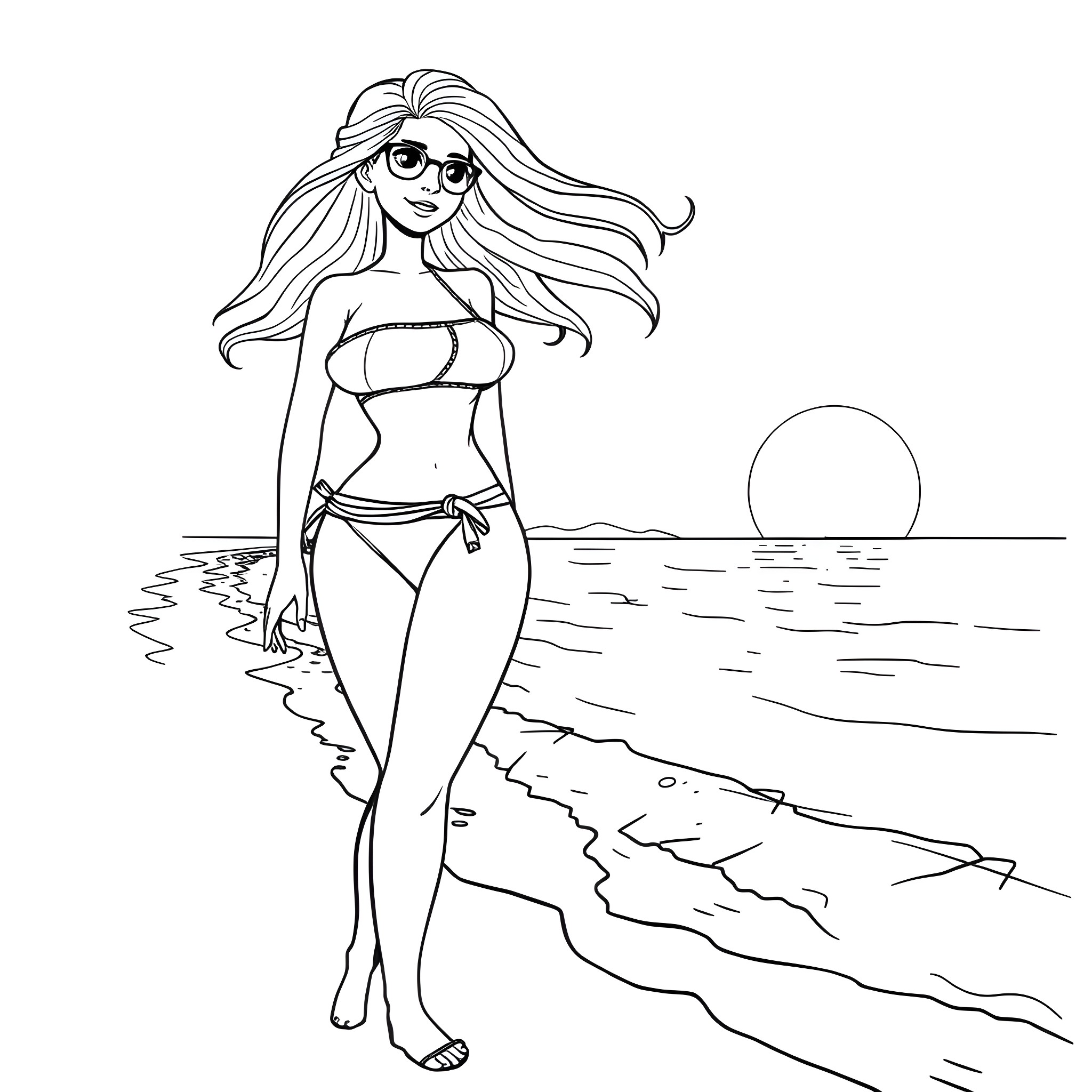 Girl in swimsuit strolling along the beach Coloring Page (free black-and-white line drawing printable PDF for all, from beginners to advanced learners, including children, teens, adults, and seniors)