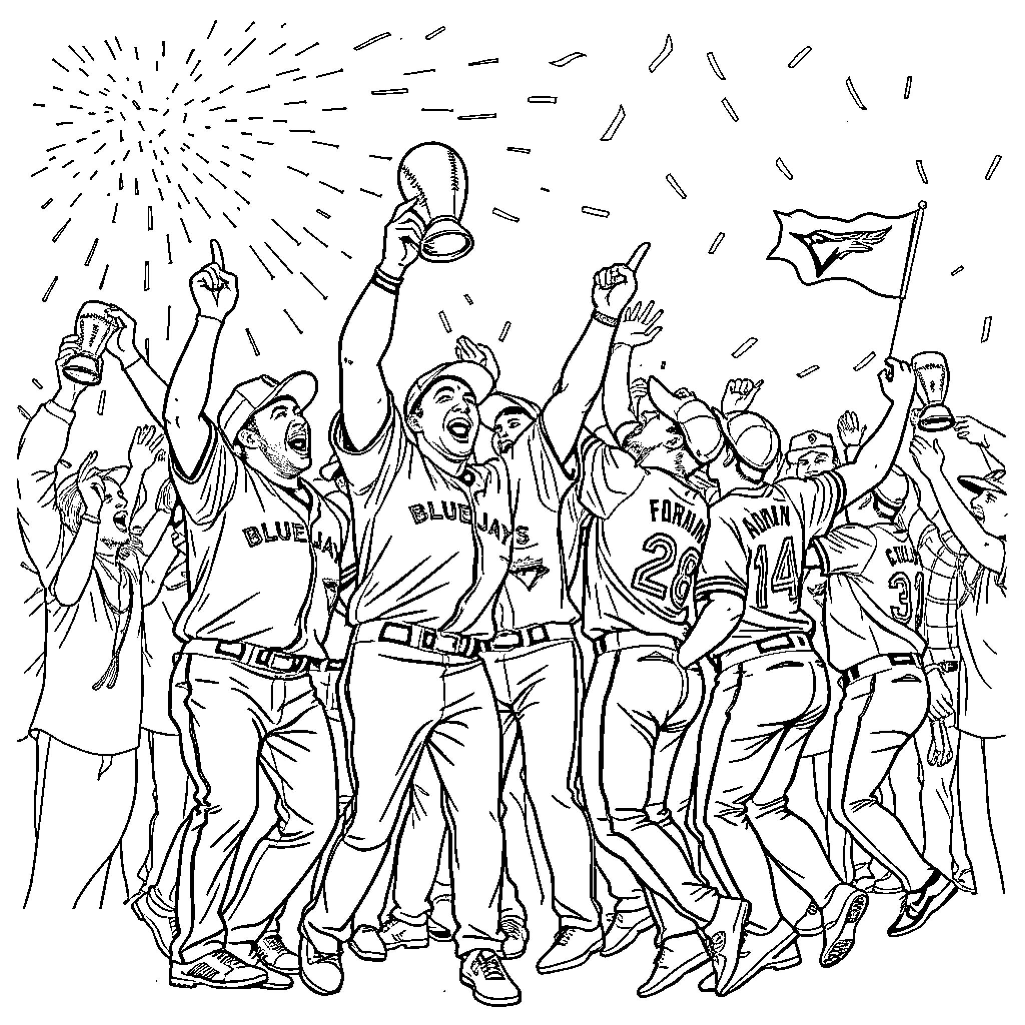 Toronto Blue Jays Celebrating Joyful Victory Coloring Page (free black-and-white line drawing printable PDF for all, from beginners to advanced learners, including children, teens, adults, and seniors)