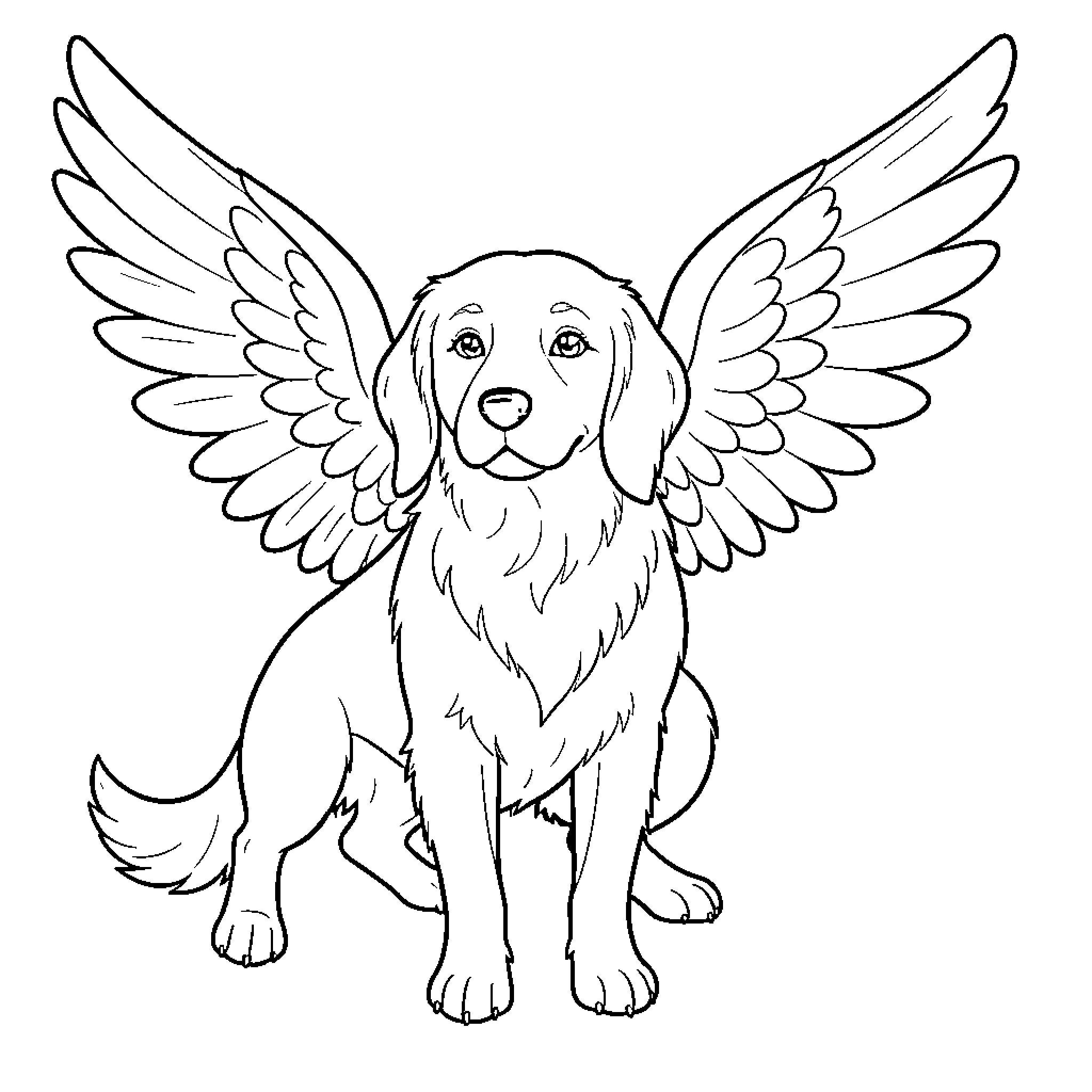 Angel dog sitting peacefully with large spreading wings Coloring Page (free black-and-white line drawing printable PDF for all, from beginners to advanced learners, including children, teens, adults, and seniors)