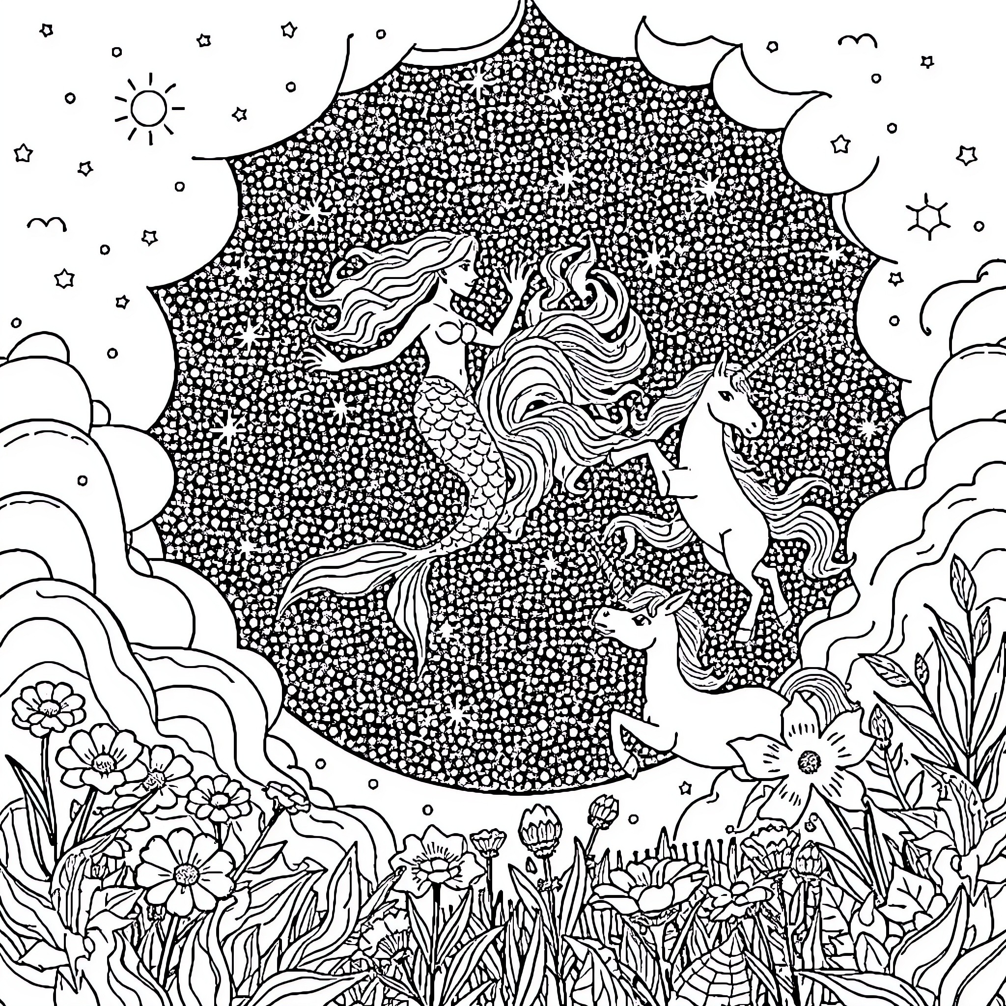 Mermaid Riding Unicorn in Enchanted Underwater Garden Coloring Page (free black-and-white line drawing printable PDF for all, from beginners to advanced learners, including children, teens, adults, and seniors)