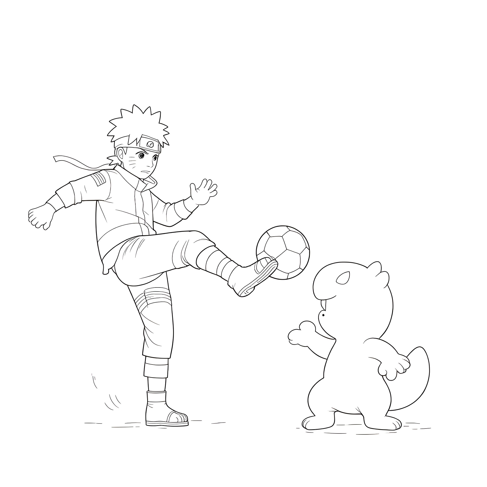 Naruto playing soccer with Kurama the Nine-Tailed Fox Coloring Page (free black-and-white line drawing printable PDF for all, from beginners to advanced learners, including children, teens, adults, and seniors)