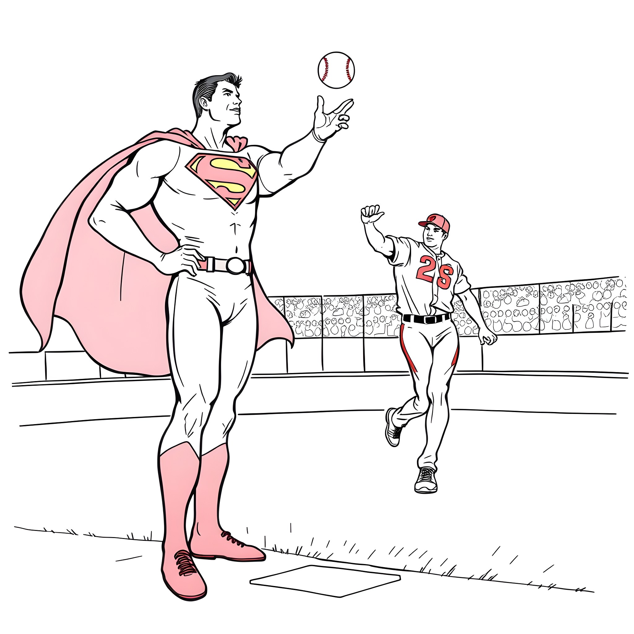 Superman catches a baseball with a baseball player Coloring Page (free black-and-white line drawing printable PDF for all, from beginners to advanced learners, including children, teens, adults, and seniors)