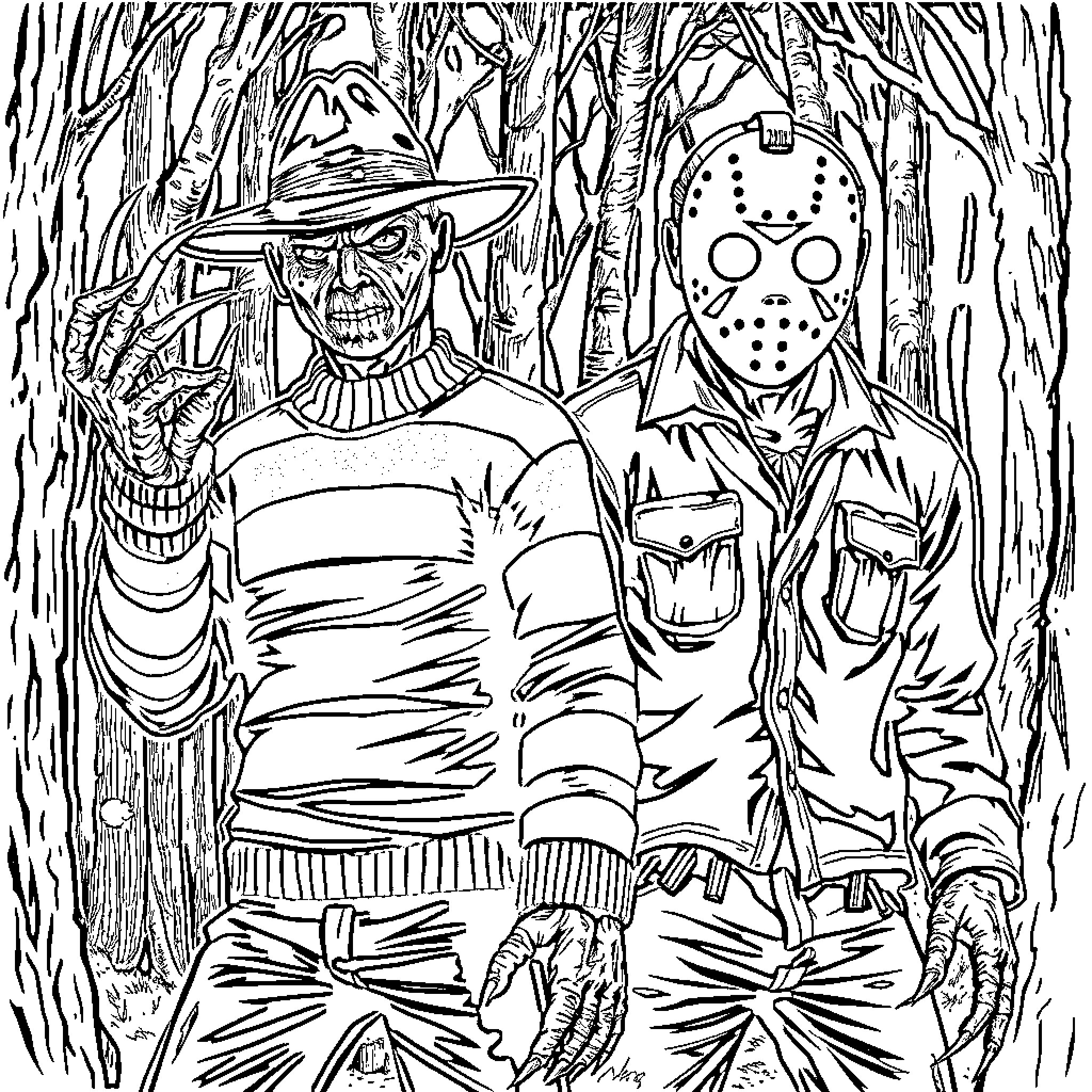 Horror Characters in the Creepy Forest Coloring Page (free black-and-white line drawing printable PDF for all, from beginners to advanced learners, including children, teens, adults, and seniors)