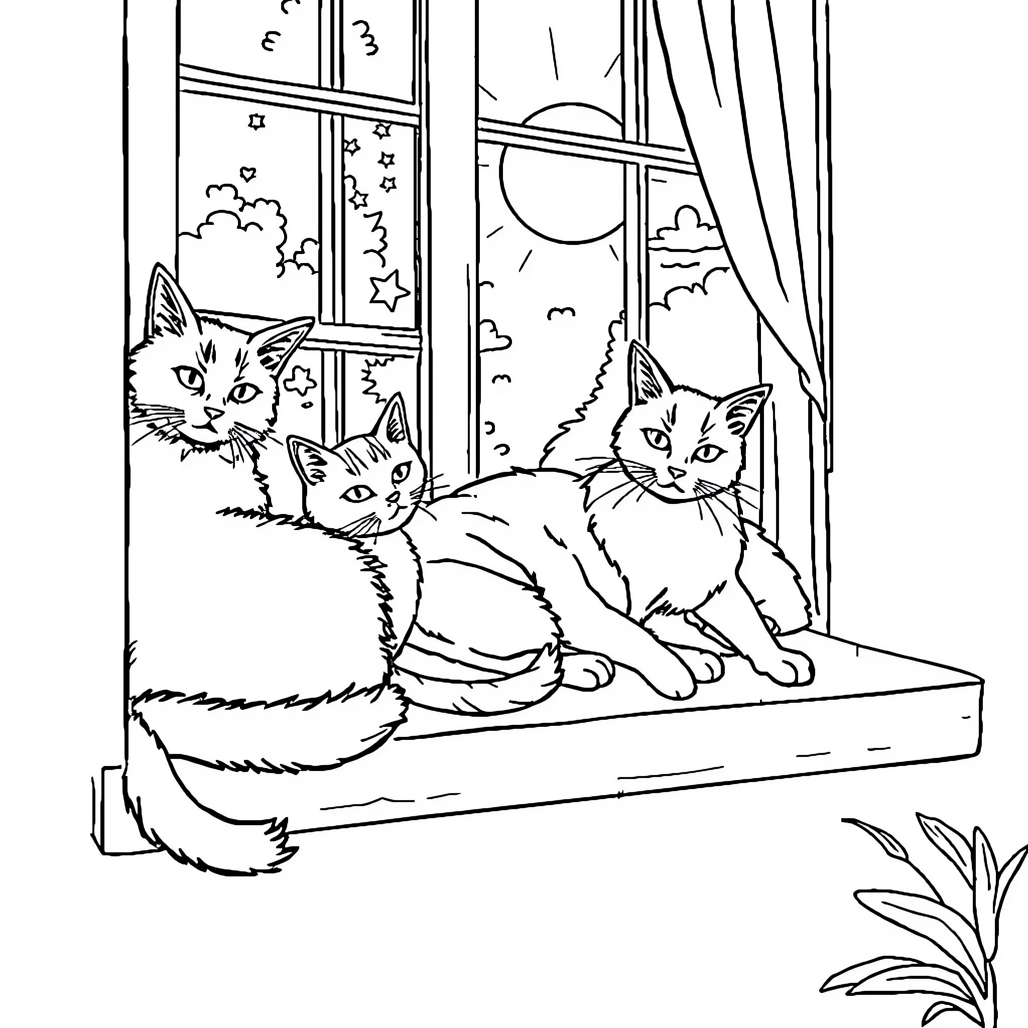 Cats enjoying the night view through the window Coloring Page (free black-and-white line drawing printable PDF for all, from beginners to advanced learners, including children, teens, adults, and seniors)