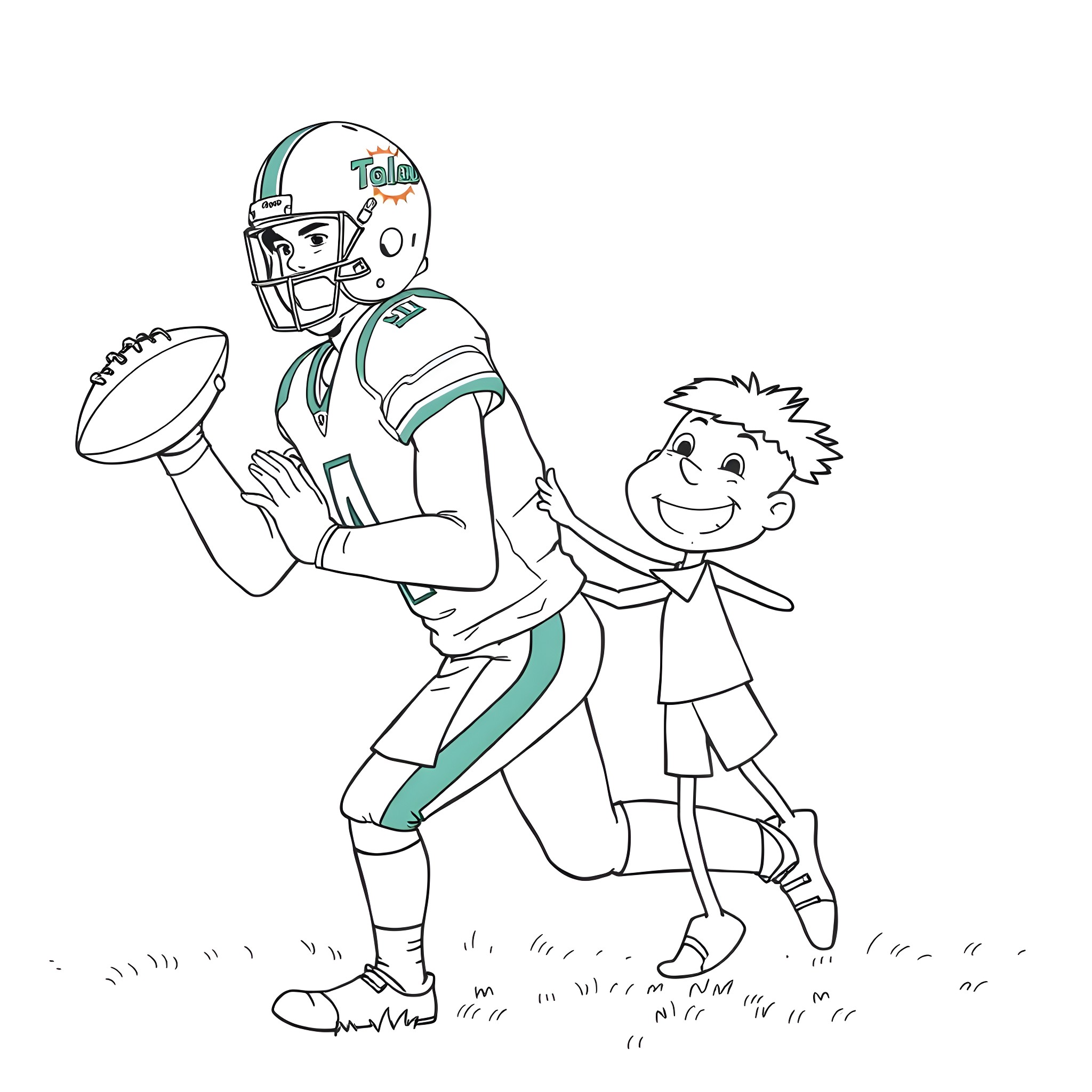 Tua Tagovailoa playing football with a young fan Coloring Page (free black-and-white line drawing printable PDF for all, from beginners to advanced learners, including children, teens, adults, and seniors)