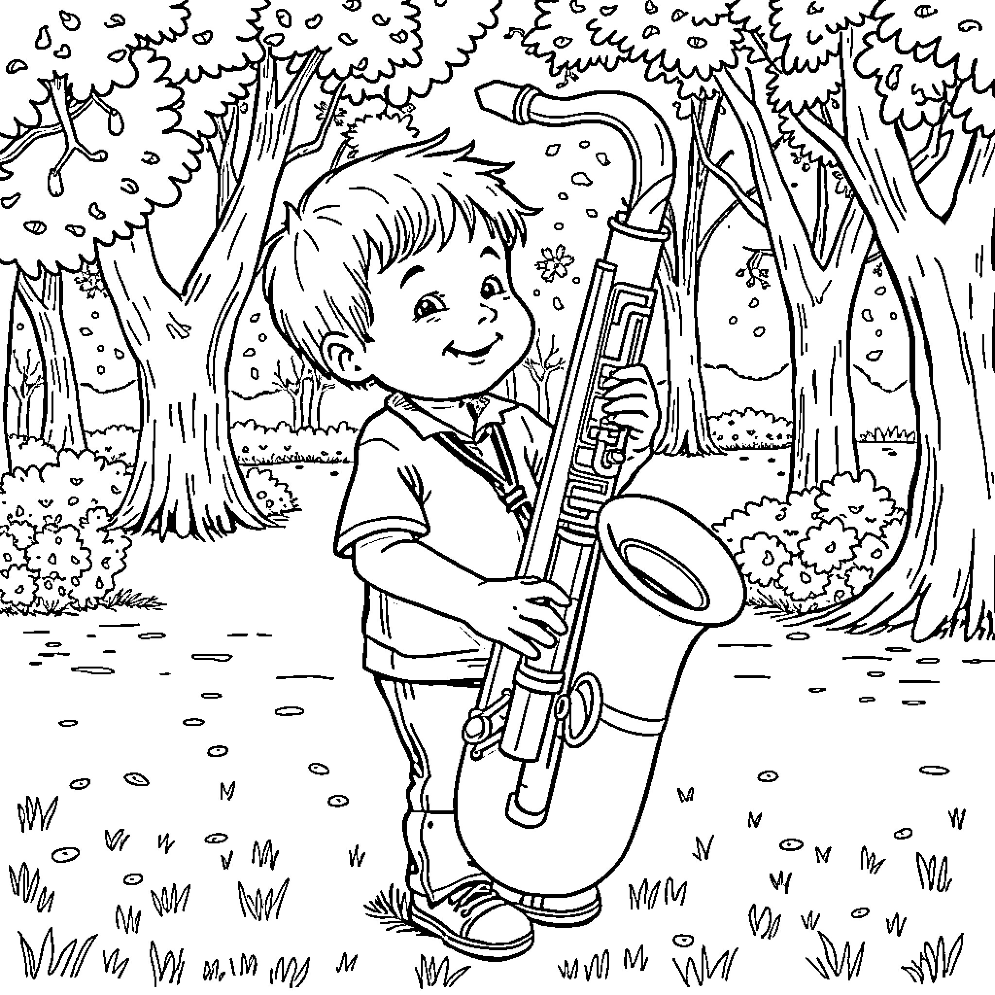 Child playing musical instrument in the forest Coloring Page (free black-and-white line drawing printable PDF for all, from beginners to advanced learners, including children, teens, adults, and seniors)