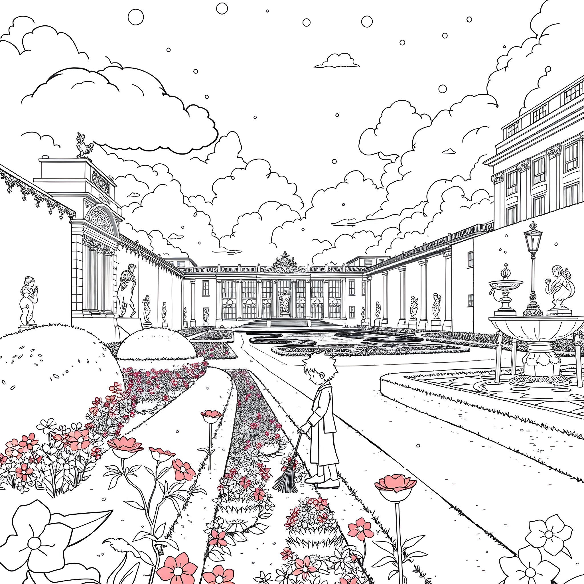 Little Prince exploring a grand palace courtyard Coloring Page (free black-and-white line drawing printable PDF for all, from beginners to advanced learners, including children, teens, adults, and seniors)