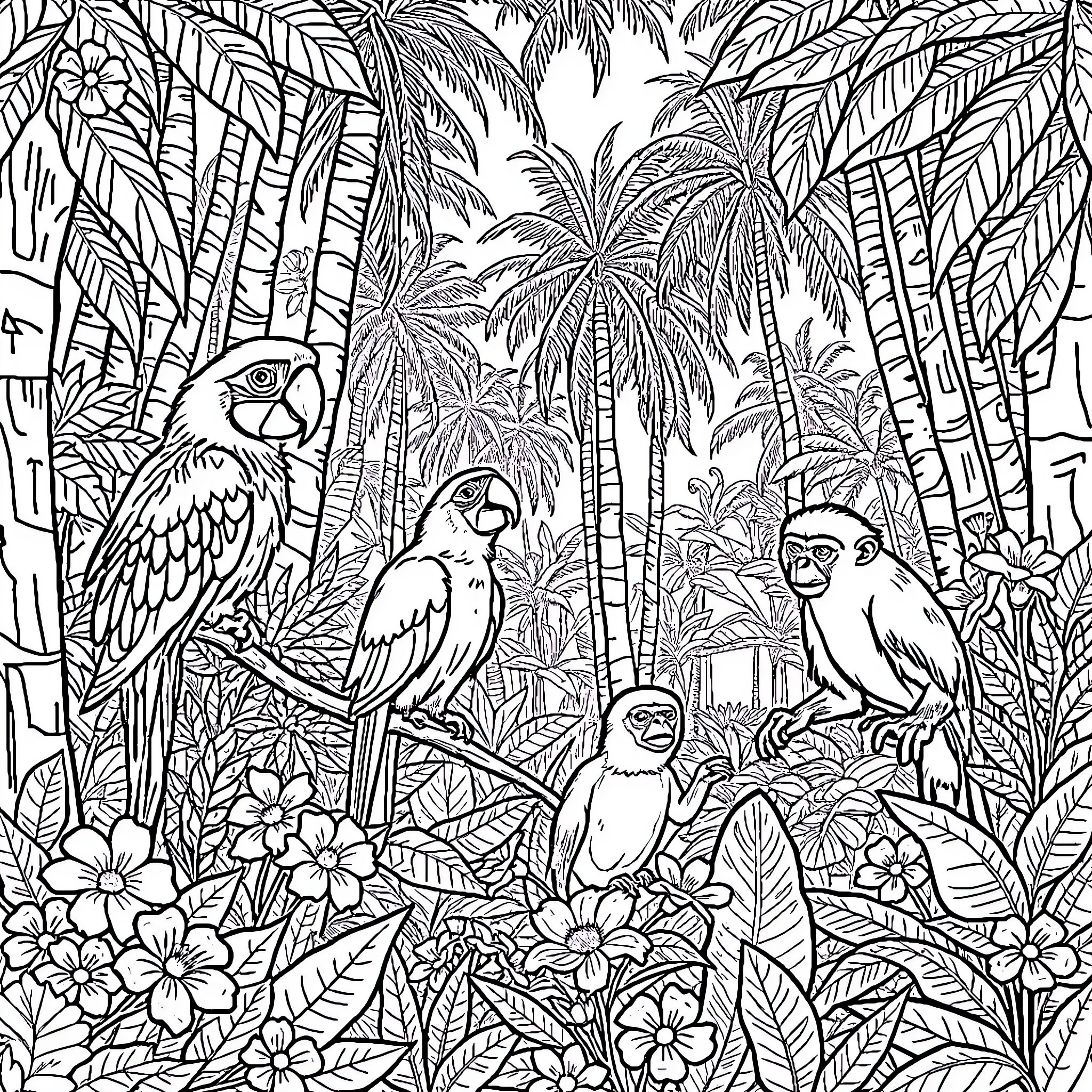 Animal jungle scene with tropical plants and birds Coloring Page (free black-and-white line drawing printable PDF for all, from beginners to advanced learners, including children, teens, adults, and seniors)