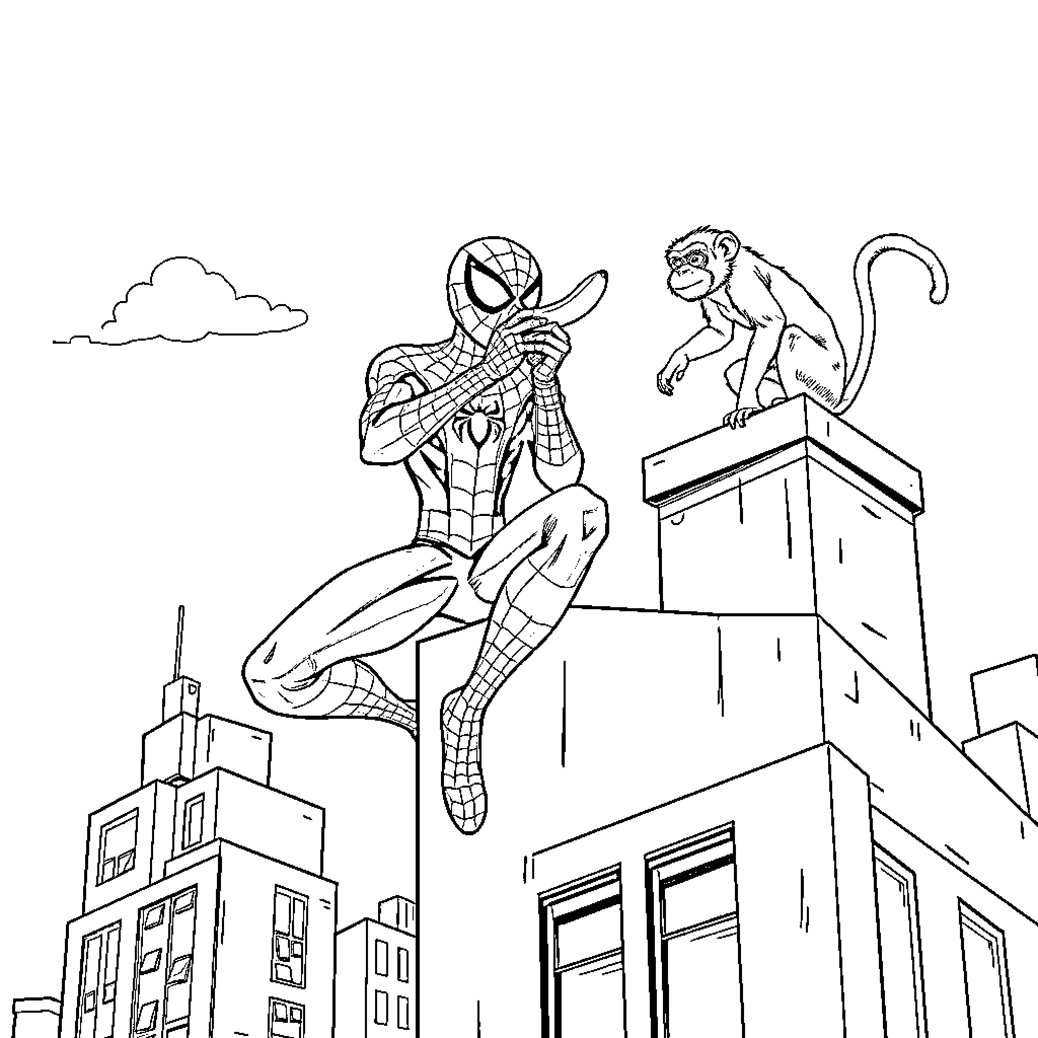 Spiderman swinging through the city with a monkey sidekick Coloring Page (free black-and-white line drawing printable PDF for all, from beginners to advanced learners, including children, teens, adults, and seniors)