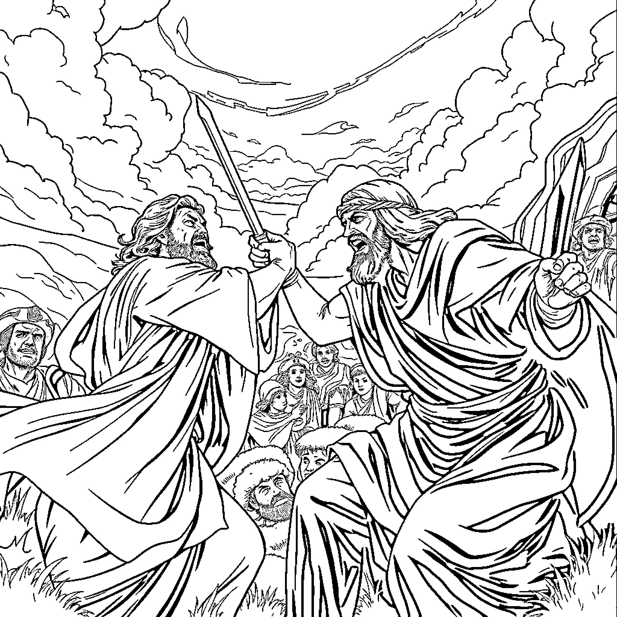 Laman and Lemuel Disputing with Nephi in the Wilderness Coloring Page (free black-and-white line drawing printable PDF for all, from beginners to advanced learners, including children, teens, adults, and seniors)
