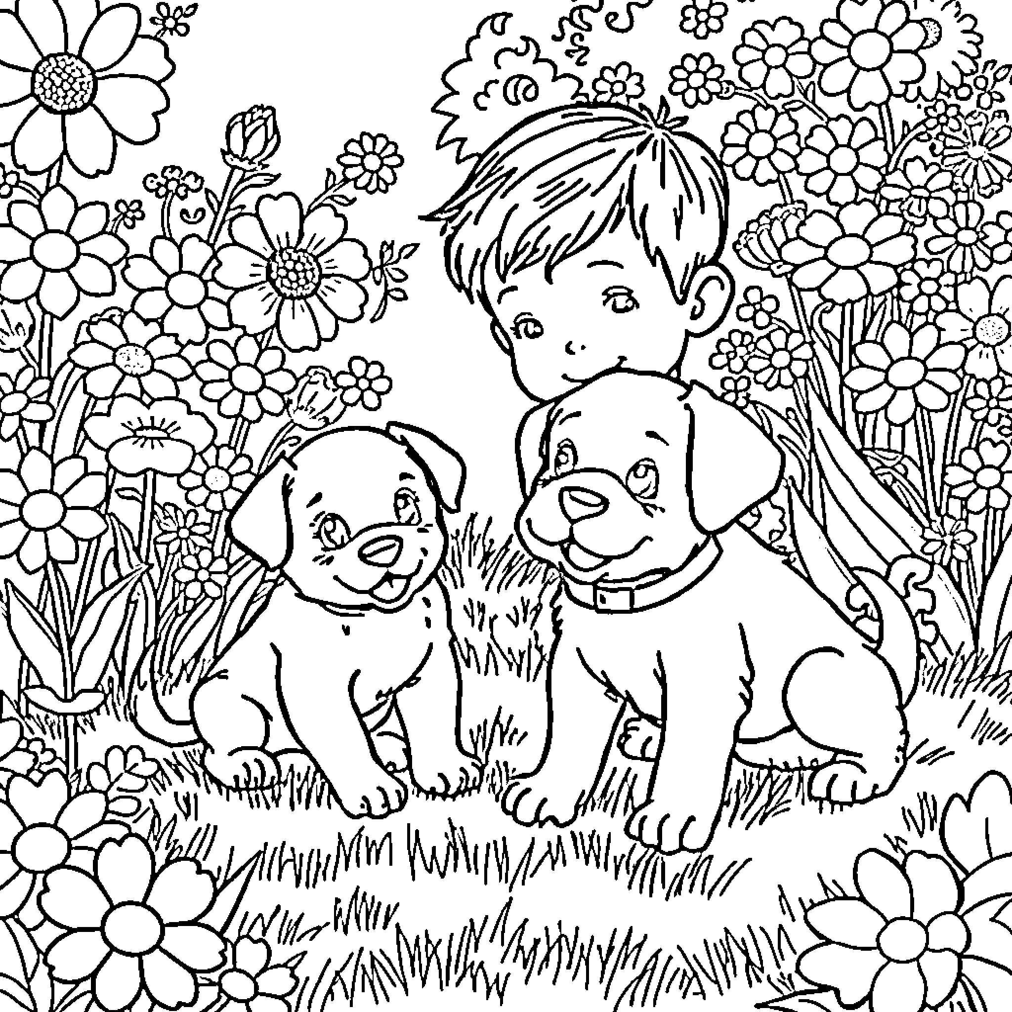 Boy playing with puppies in a flowery garden Coloring Page (free black-and-white line drawing printable PDF for all, from beginners to advanced learners, including children, teens, adults, and seniors)