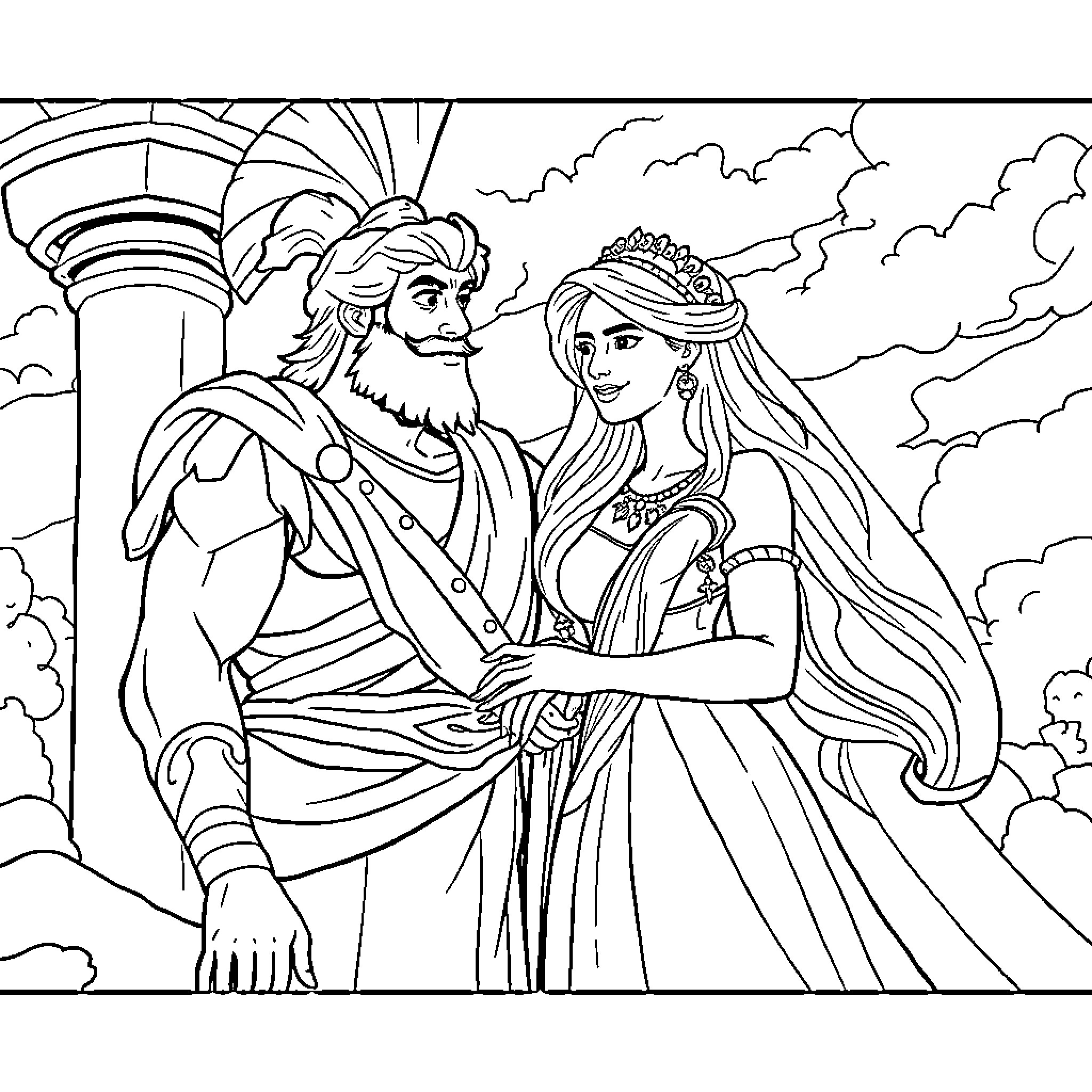 Hercules and the Princess in Mythical Scene Coloring Page (free black-and-white line drawing printable PDF for all, from beginners to advanced learners, including children, teens, adults, and seniors)
