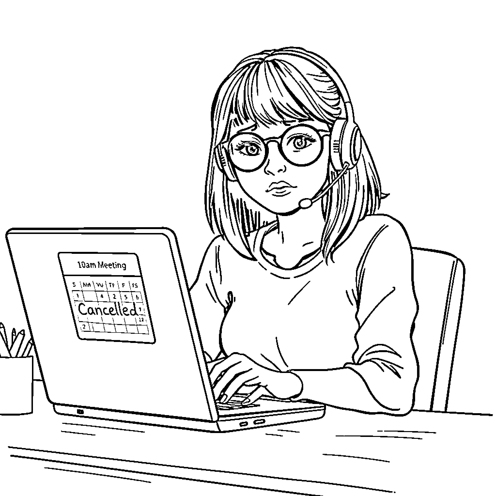 Woman working on laptop with team meeting canceled Coloring Page (free black-and-white line drawing printable PDF for all, from beginners to advanced learners, including children, teens, adults, and seniors)